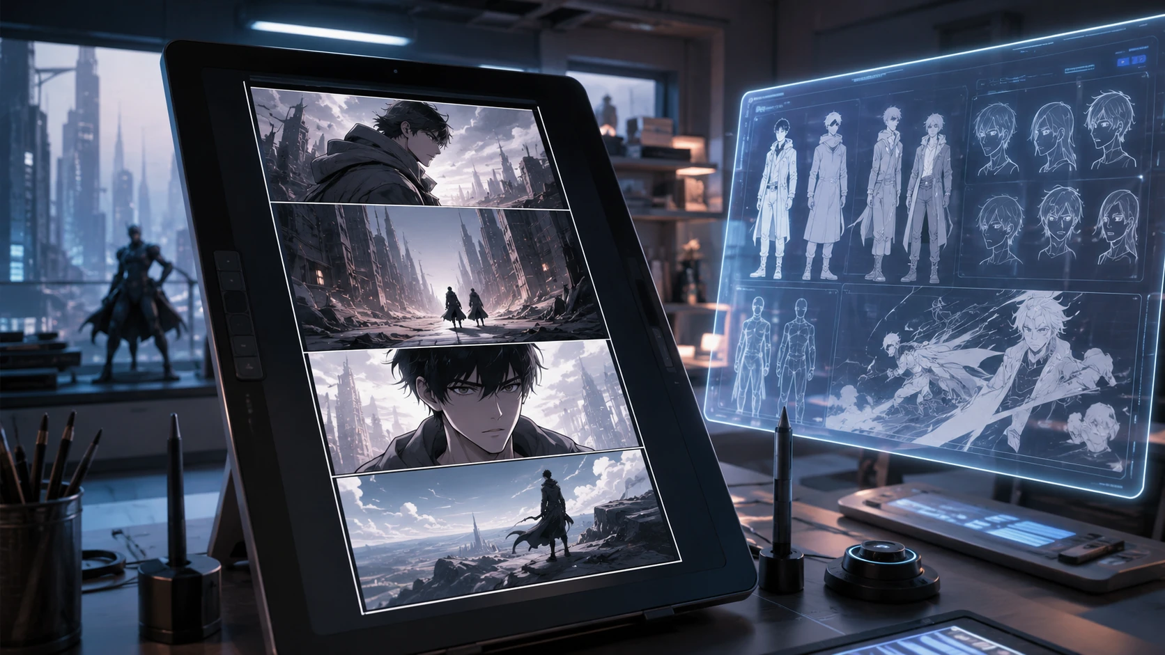 A digital artist using a tablet alongside an AI interface that generates storyboard thumbnails and character design variations in a clean, m