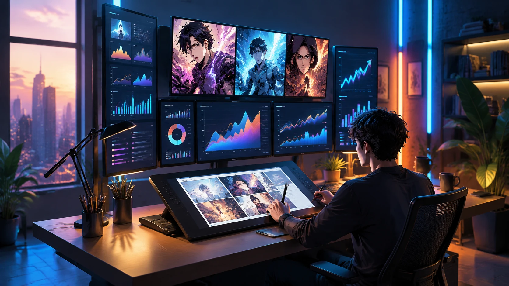 A digital artist at a modern workstation with multiple monitors showing webtoon panels and financial growth charts, high-tech and vibrant ae