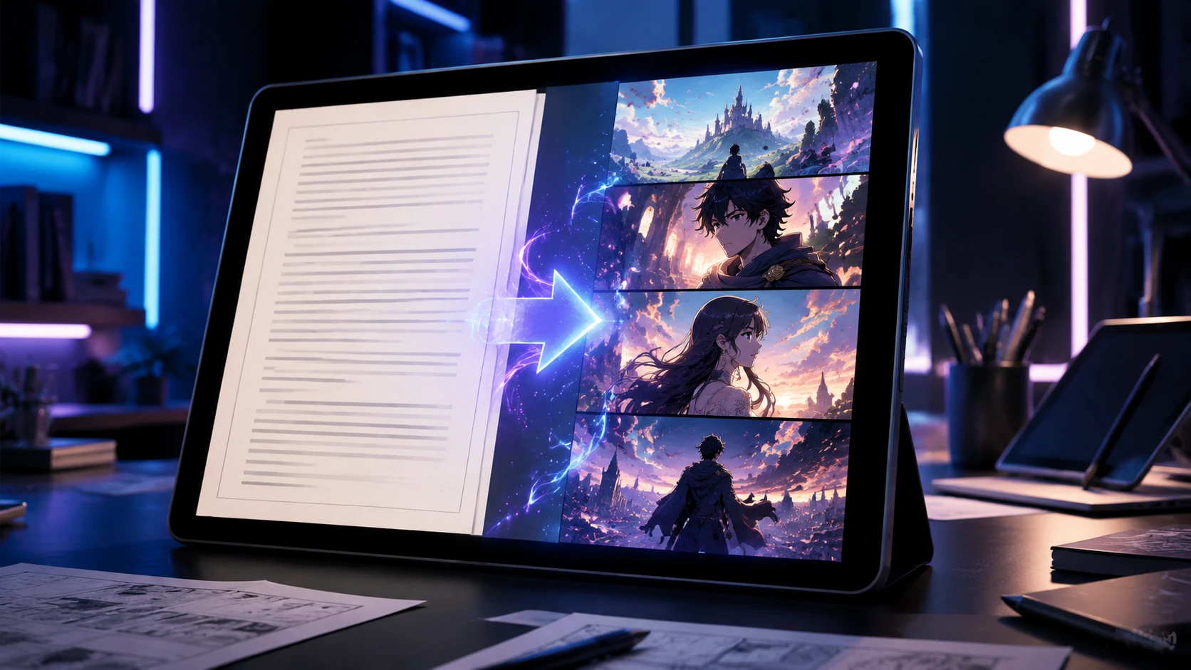 A split screen showing a digital manuscript on one side and a vibrant, vertically scrolling webtoon layout on the other, connected by glowin