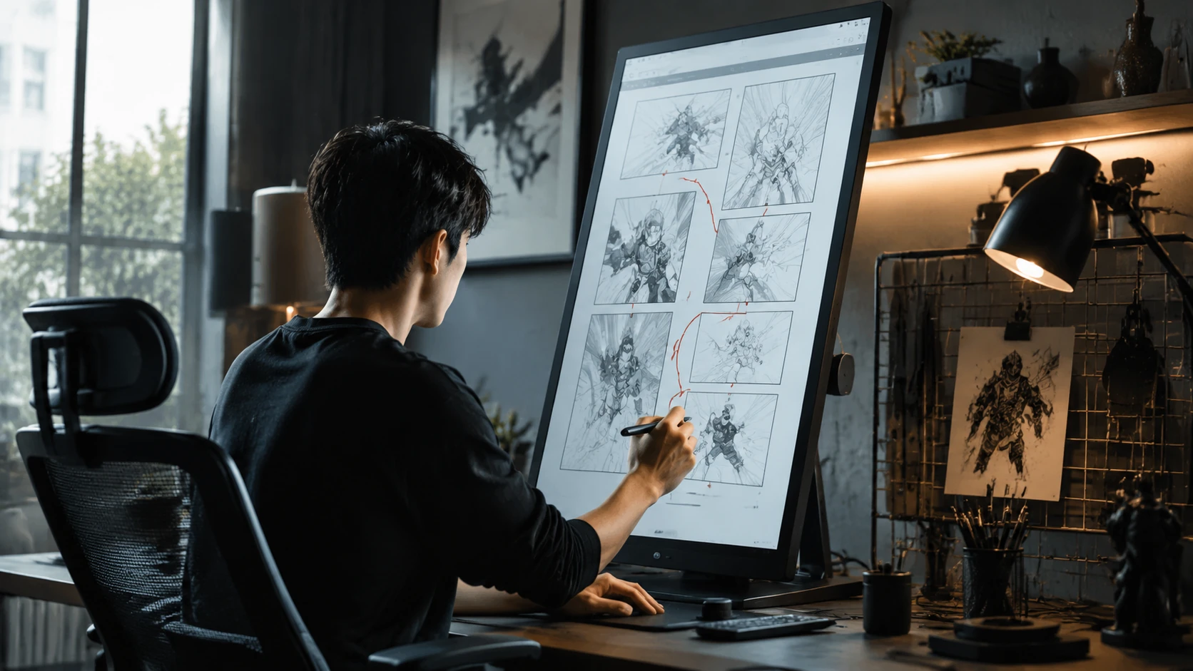 A digital artist analyzing a long vertical webtoon layout on a high-end tablet, showing flow lines and panel spacing.