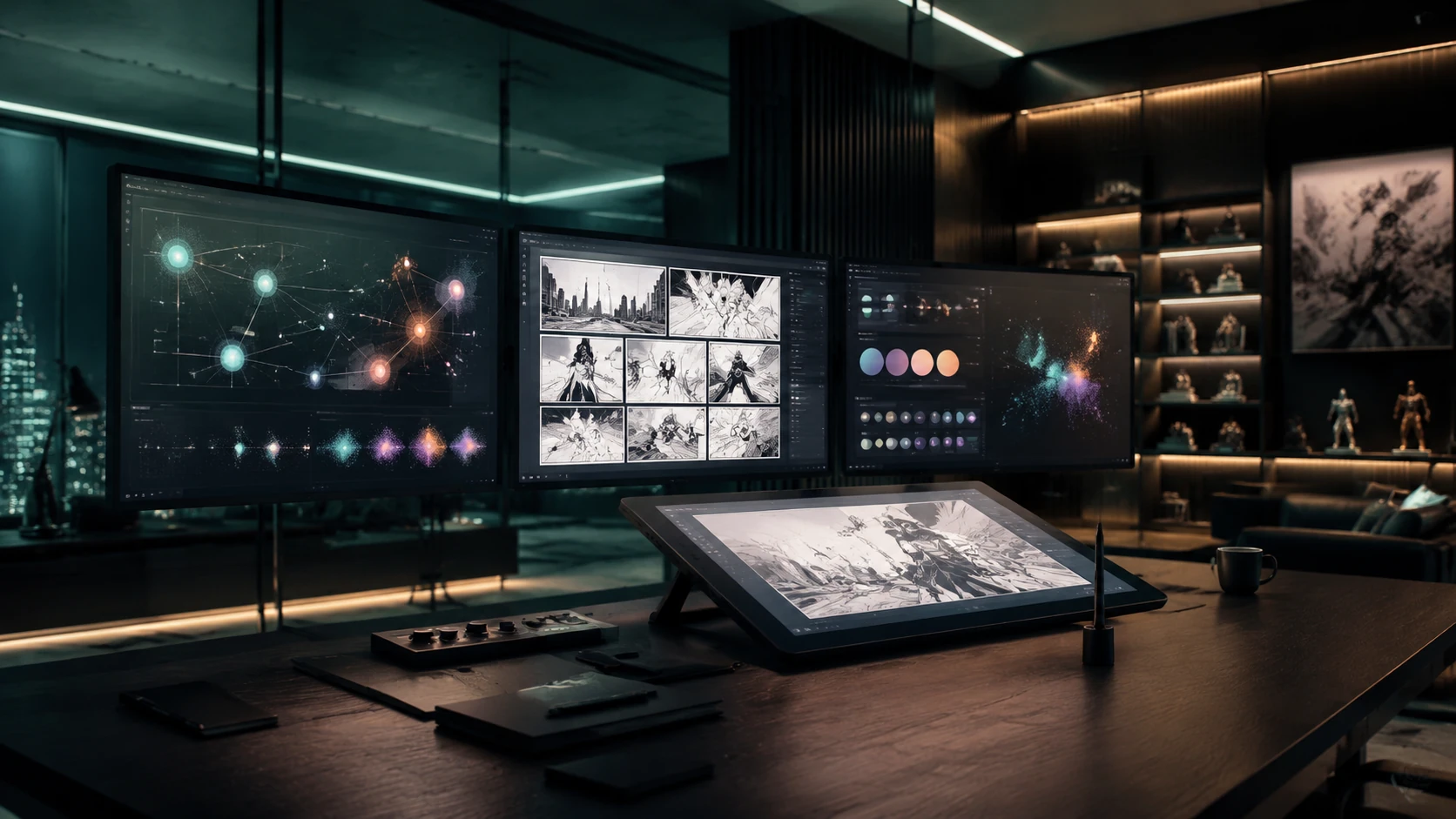 Không gian làm việc hiện đại của một studio truyện tranh ứng dụng công nghệ AI với nhiều màn hình hiển thị quy trình sản xuất chuyên nghiệp.