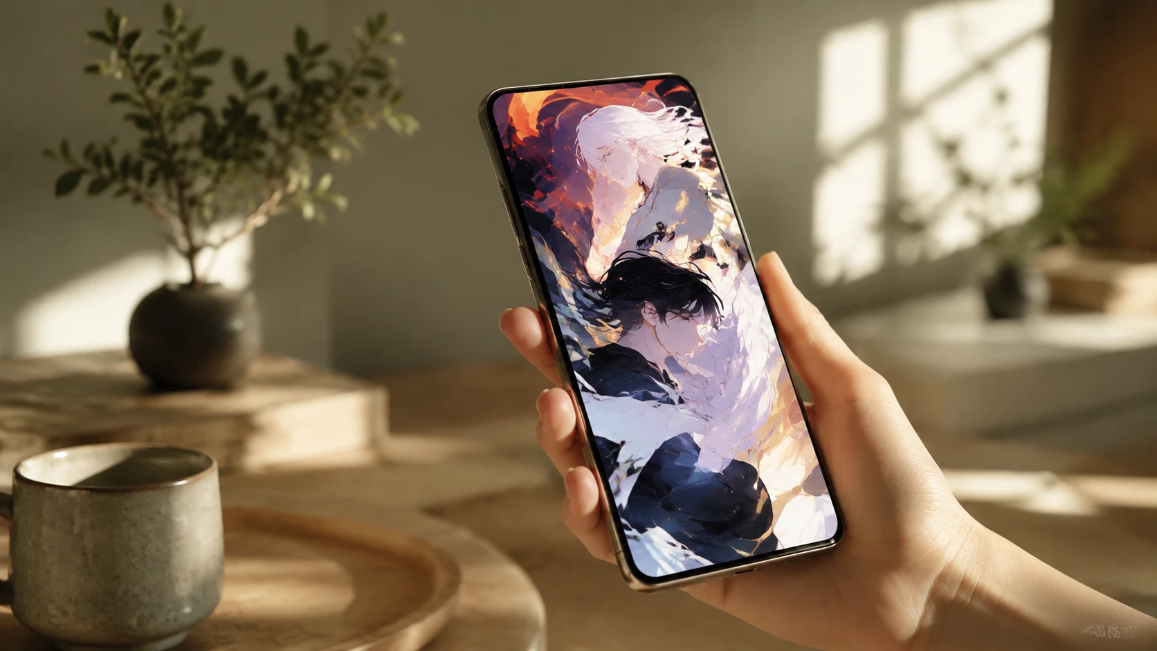 A modern smartphone displaying a vibrant, vertical comic panel with soft bokeh lighting in a lifestyle setting.
