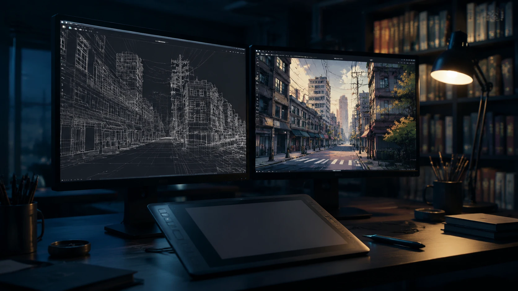 Màn hình kép hiển thị mô hình 3D bối cảnh và kết quả render phong cách webtoon nghệ thuật