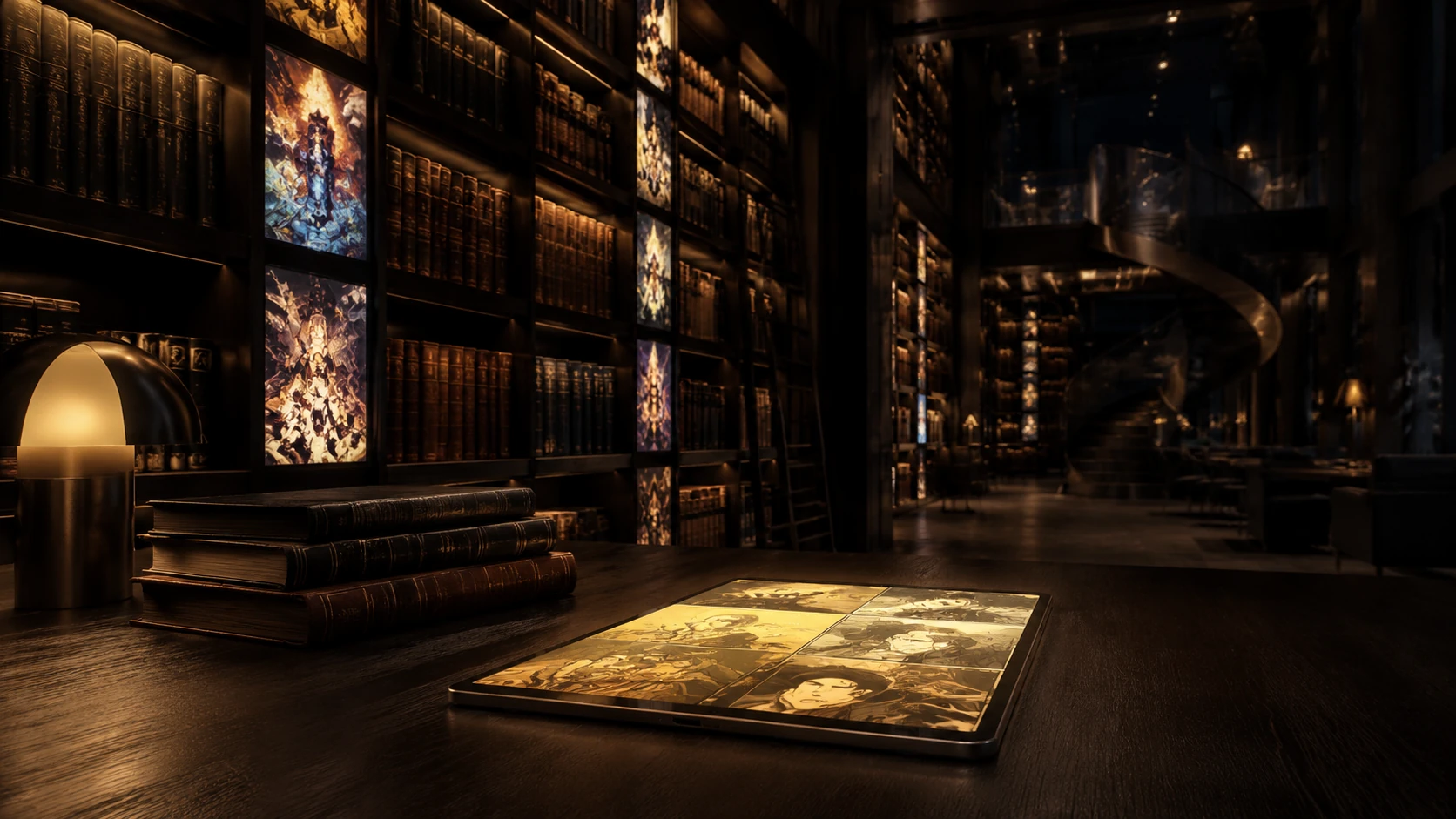 A sophisticated digital library with glowing shelves and a high-end tablet displaying a comic archive interface.