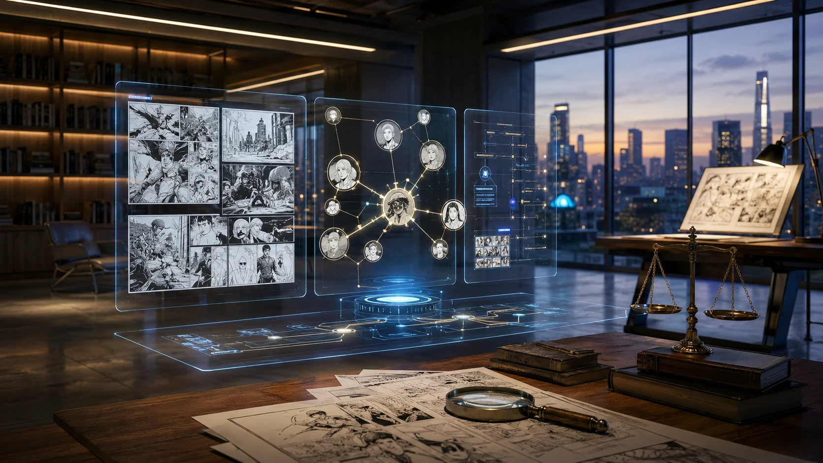 A high-end digital newsroom featuring holographic displays of comic licensing flowcharts and artist attribution graphs in an editorial style