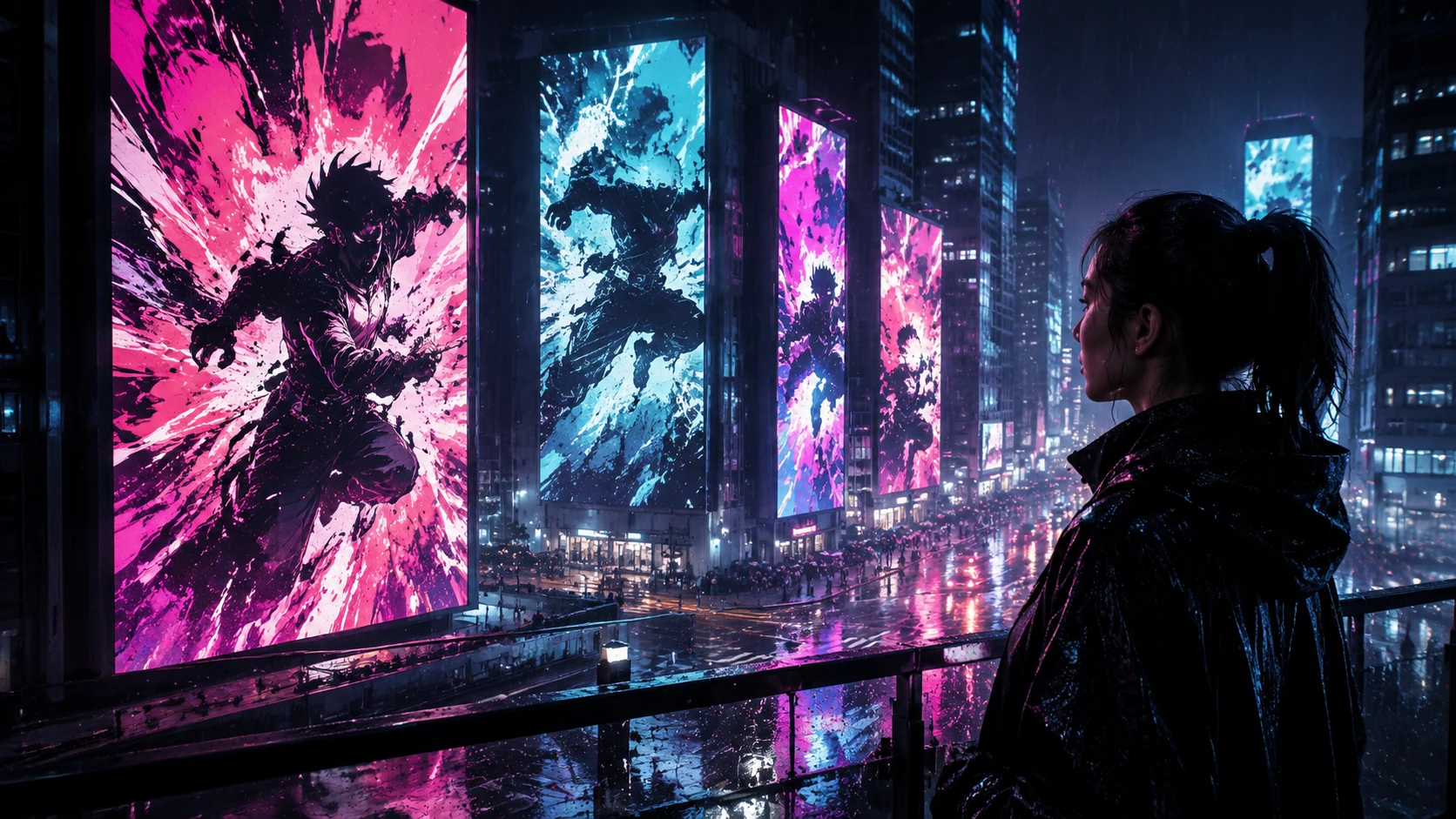 A cinematic night city scene with glowing vertical digital billboards displaying abstract vibrant comic art panels in a futuristic metropoli