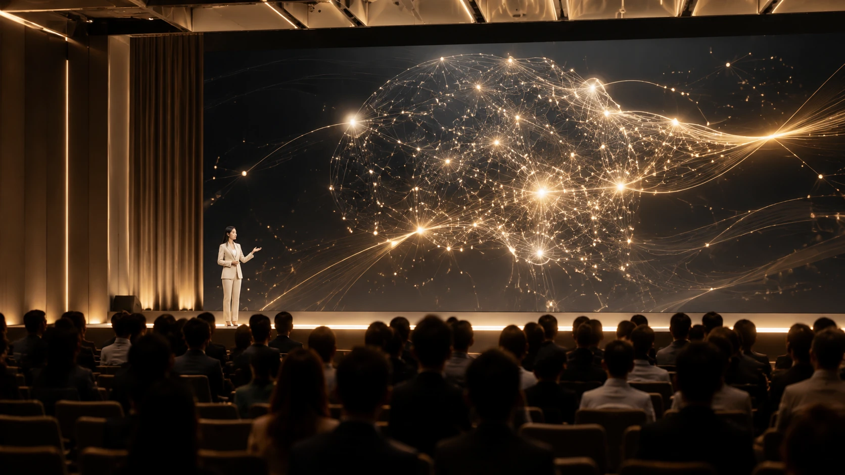 A high-end industry summit stage featuring a large projection of an abstract neural narrative map with silhouettes of professional attendees