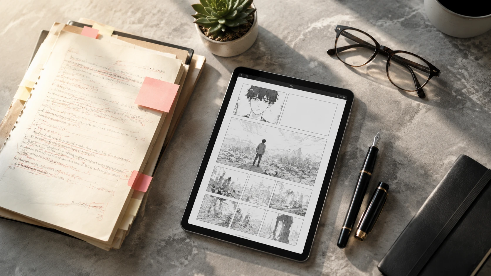 An elegant overhead flat lay featuring a printed novel manuscript with handwritten editorial notes, a sleek digital tablet displaying a comi