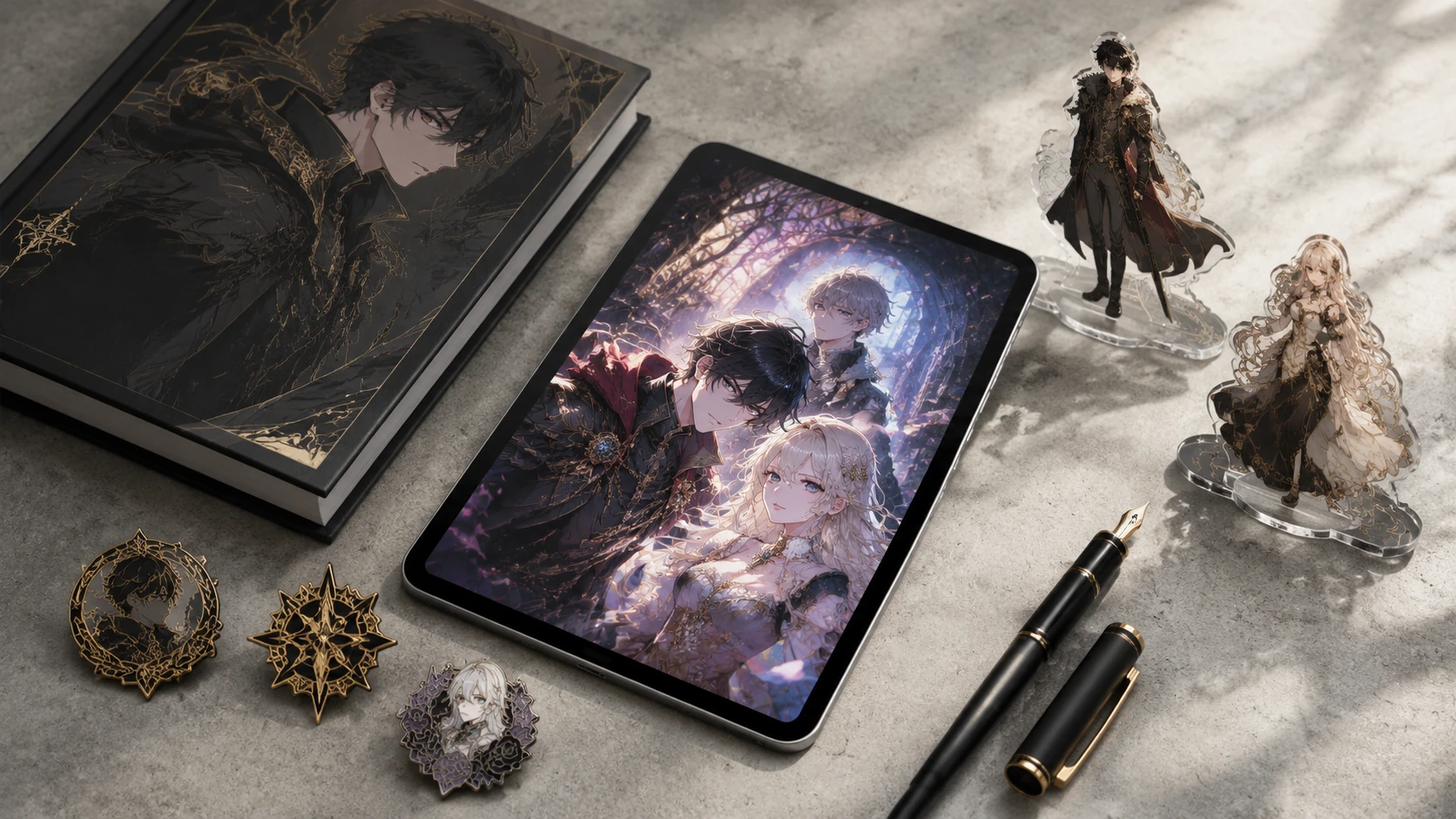 Phối cảnh flat lay các vật phẩm merchandise cao cấp như artbook, huy hiệu và standee bên cạnh máy tính bảng hiển thị webtoon.