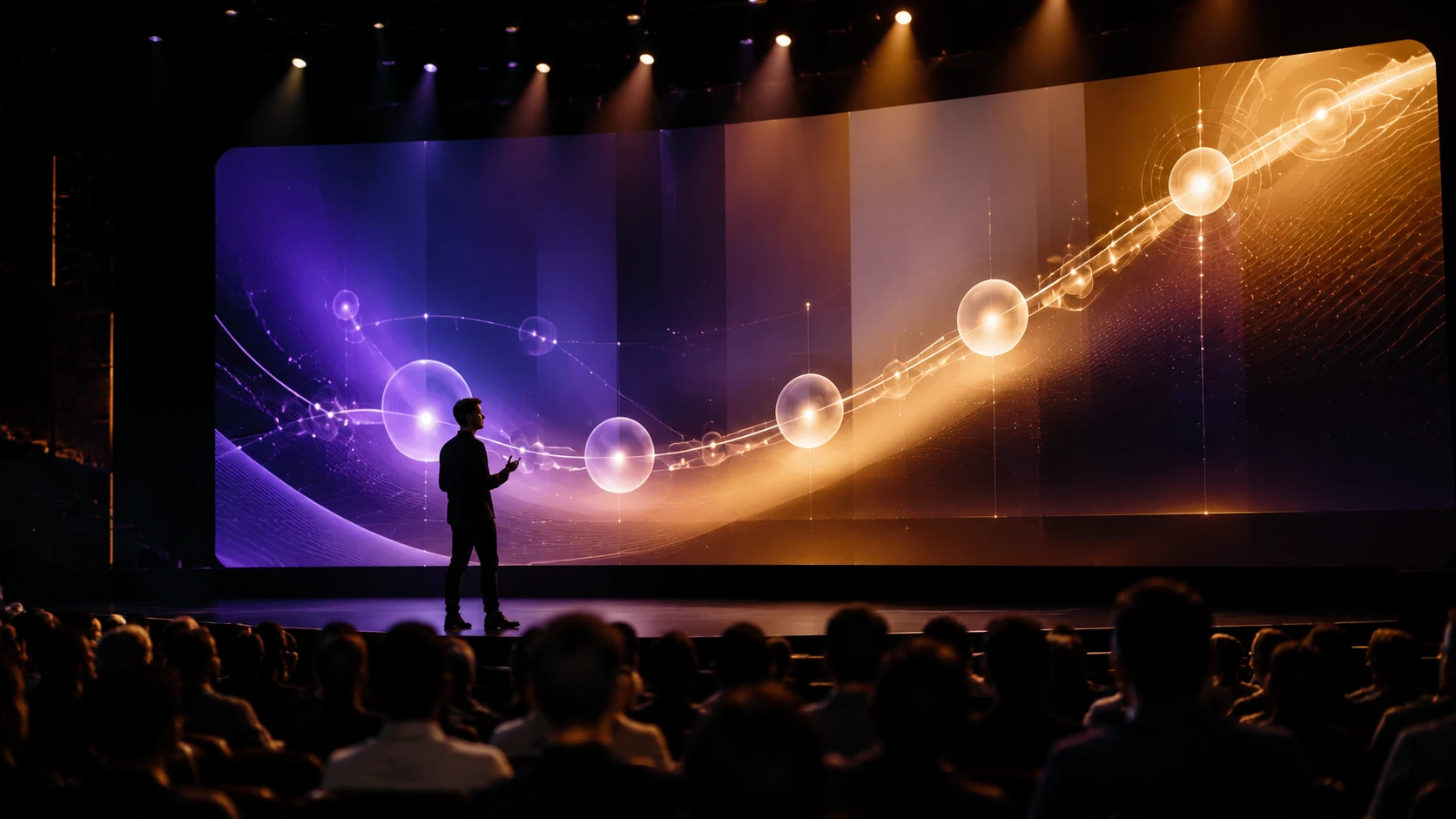 A silhouette of a speaker at a professional creator summit presenting a narrative arc on a large glowing screen.