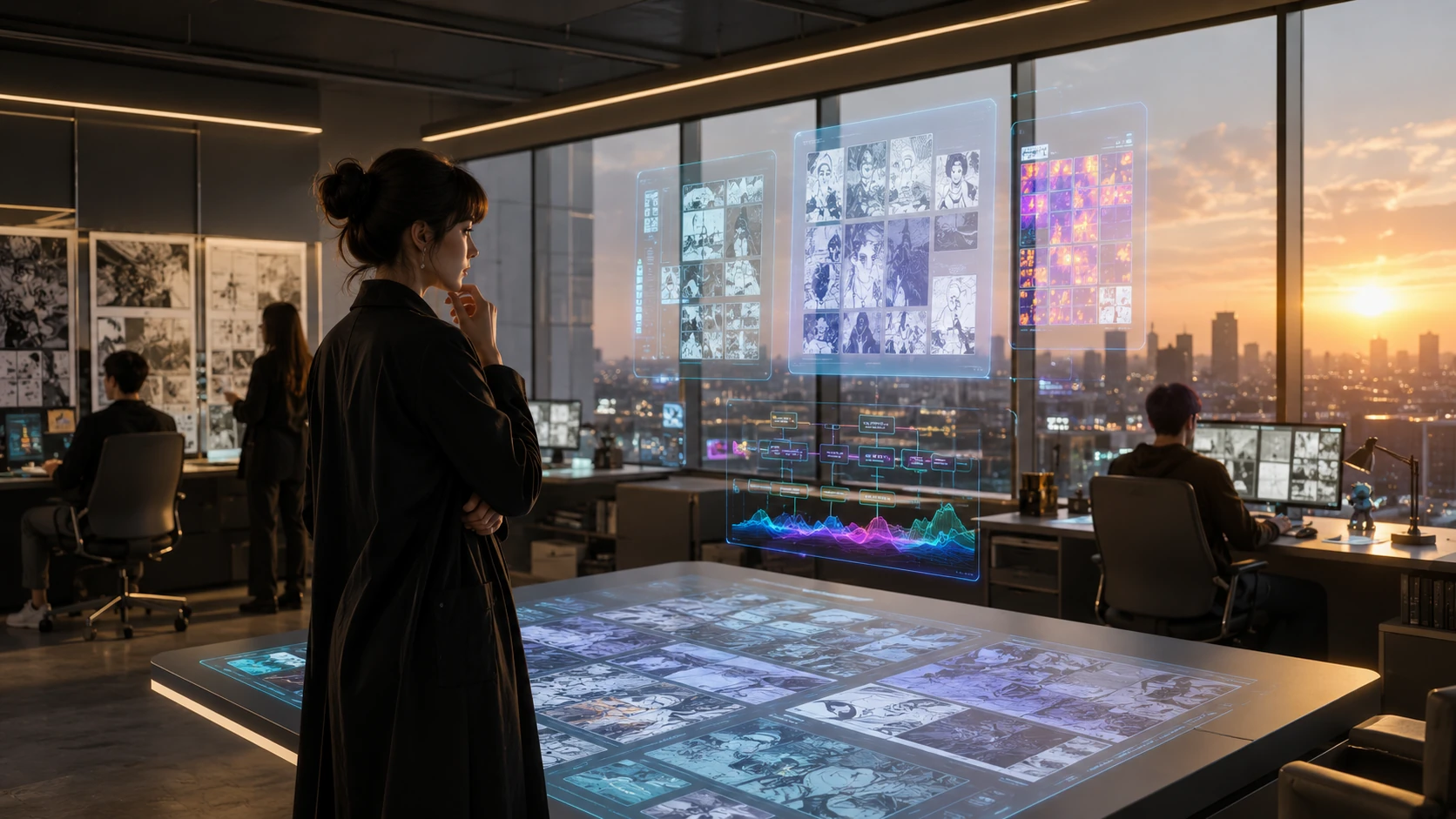 A wide-angle view of a futuristic digital media newsroom featuring floating holographic boards displaying comic data trends and narrative cl