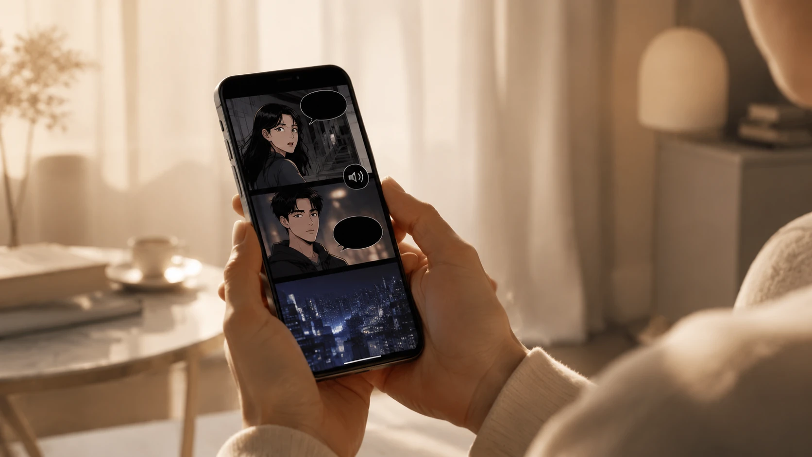 A high-end mobile phone displaying a webtoon with high-contrast accessibility features and a screen reader interface active, held in a perso