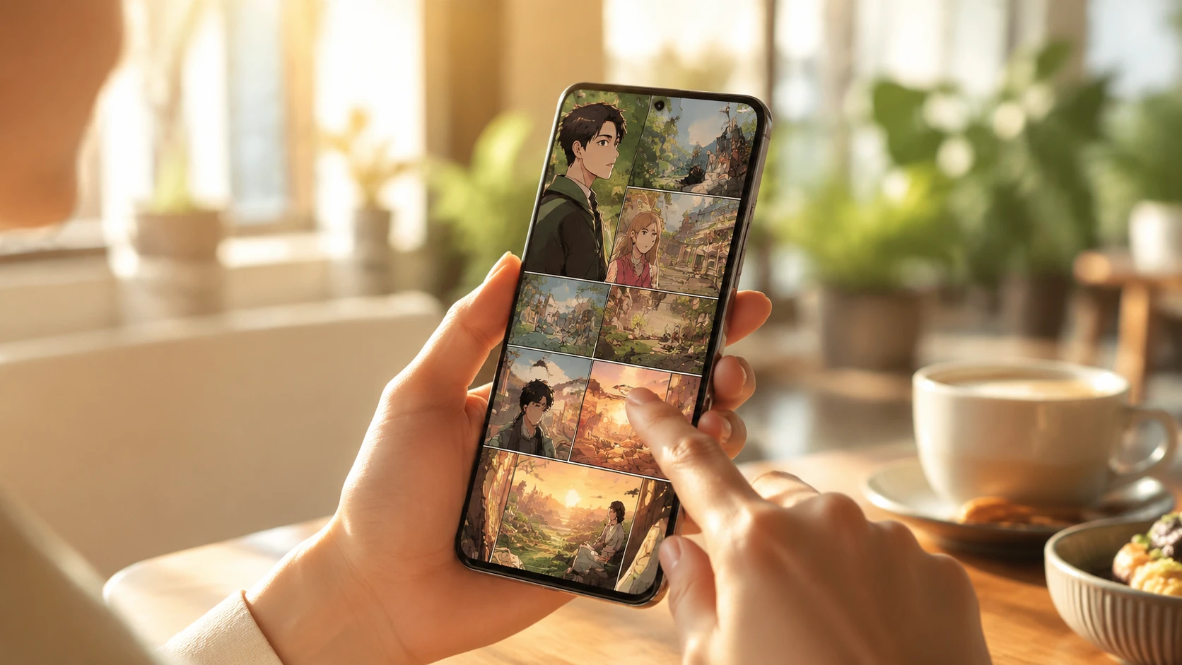 明るいカフェでスマートフォンを使って、鮮やかな色彩のハイブリッド形式の漫画を読む読者の手元
