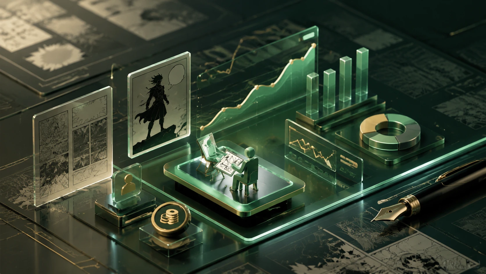 Un tableau de bord abstrait de l'économie des créateurs avec des graphiques élégants, des panneaux de bande dessinée stylisés et des élément