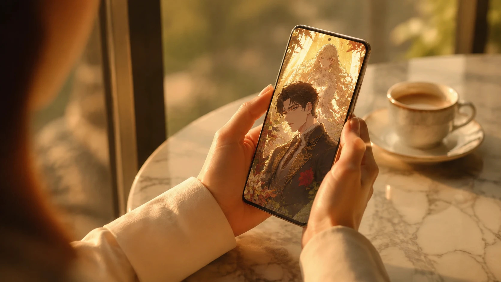 A person reading a vibrant webtoon on a high-end smartphone in a minimalist cafe setting with soft natural light.