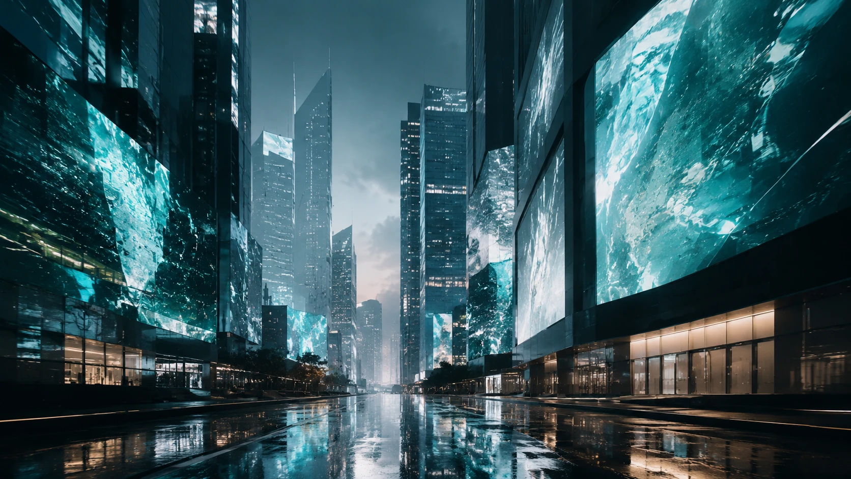 Cinematic futuristic city at night with glowing abstract billboards reflecting a digital webtoon culture
