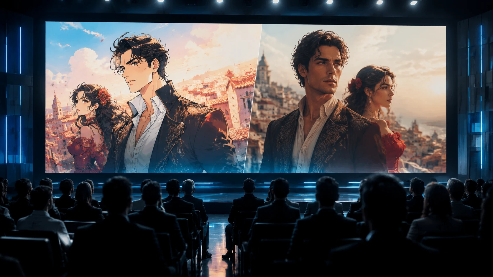 Siluetas de ejecutivos de medios frente a una pantalla gigante que muestra storyboards de un webtoon en un evento de industria premium