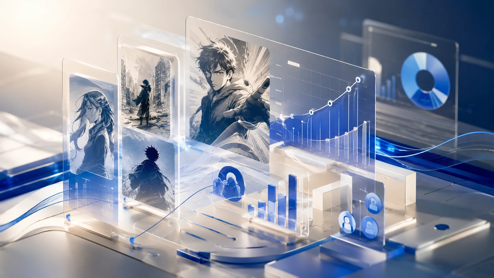 A high-end abstract visualization of a creator economy dashboard featuring glassmorphism charts and comic panel layouts.