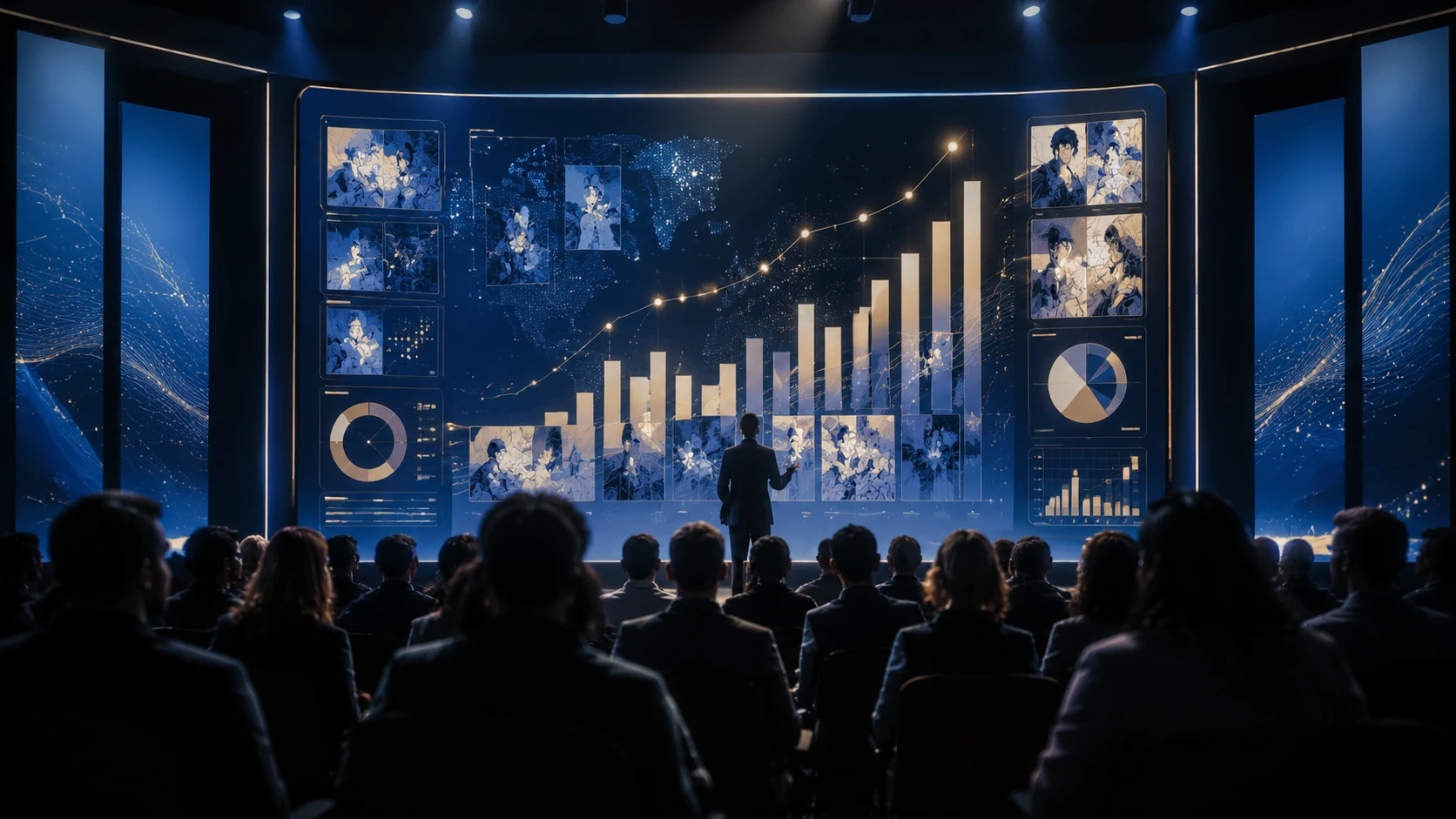 A professional creator summit keynote presentation showing global digital comic growth charts on a large screen with audience silhouettes.