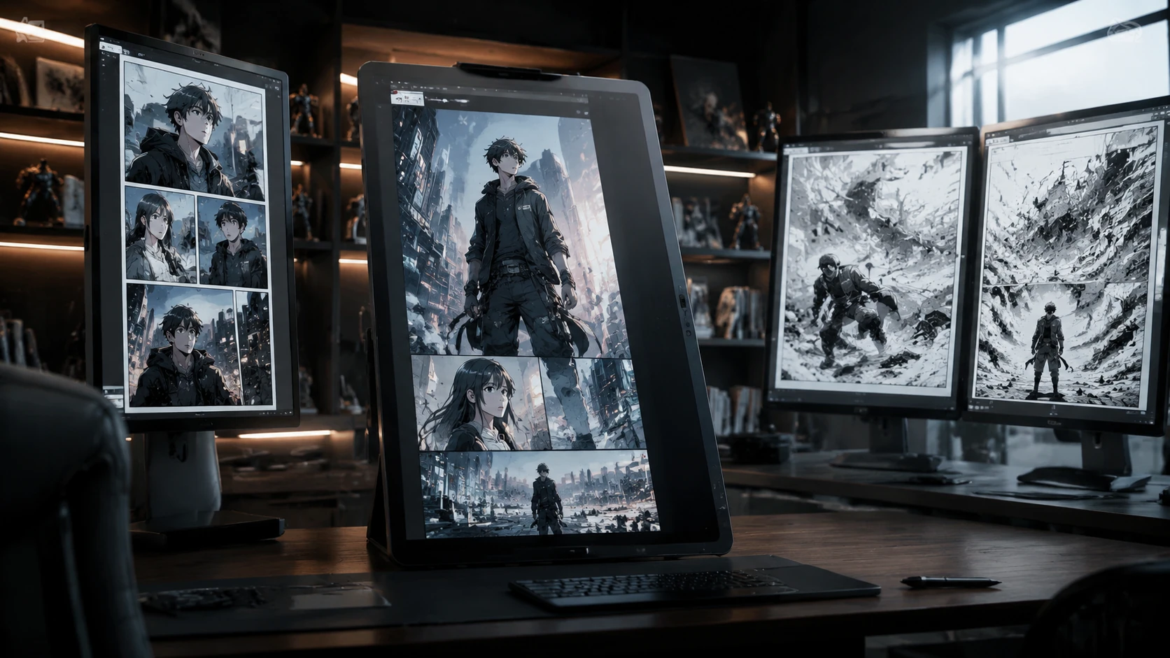 Futuristic digital publishing studio showing multiple screens with different comic formats being synchronized by a central AI system.