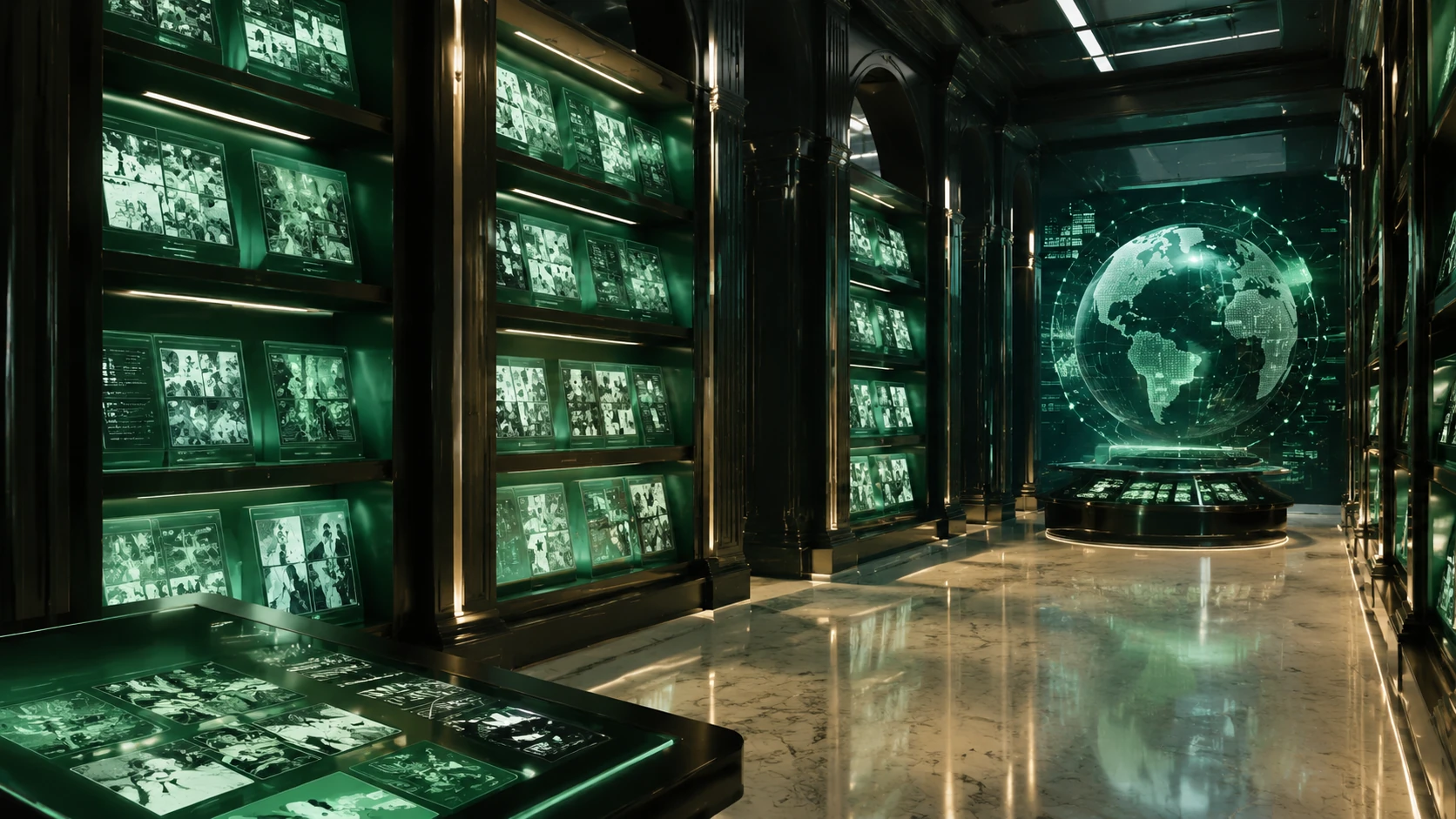 A scholarly and modern digital archive room showcasing glowing comic panels on elegant glass displays, symbolizing regulatory standards.