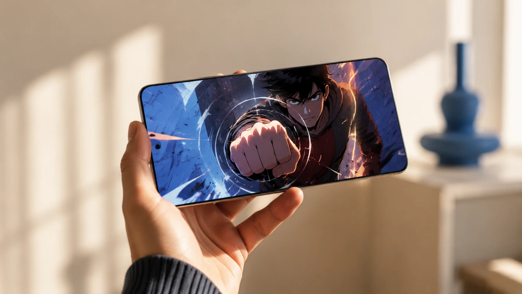 A high-end smartphone displaying a webtoon with a subtle ripple effect on the screen indicating tactile feedback, held by a hand in a bright