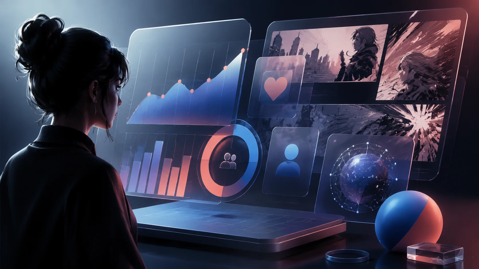 Eine abstrakte, elegante Darstellung eines digitalen Dashboards mit Comic-Panels und Social-Media-Metriken im Glassmorphismus-Stil.