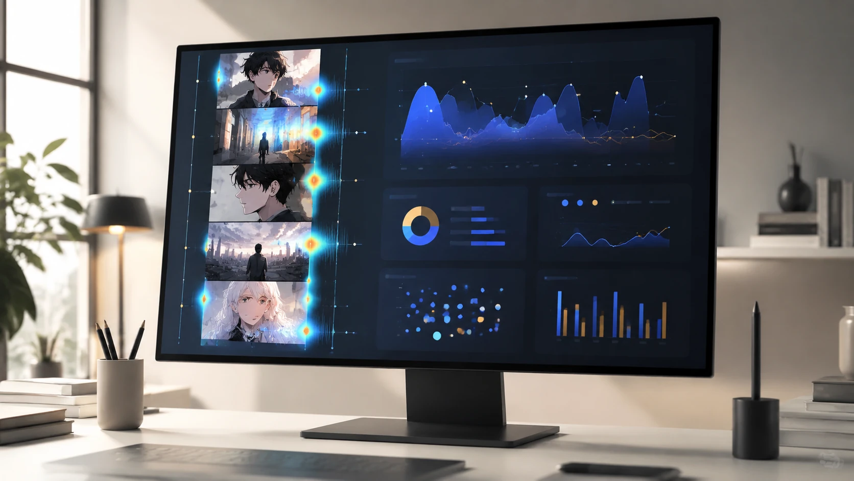A sophisticated digital dashboard showing a vertical webtoon panel with translucent data overlays, engagement heatmaps, and elegant glassmor