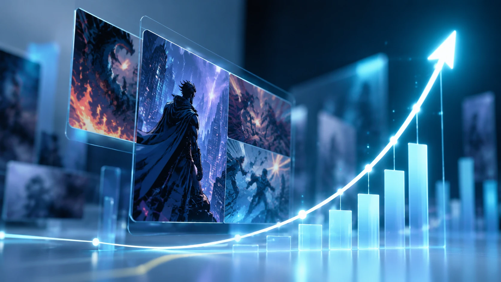Composición abstracta de paneles de cómic integrados en un panel de métricas de crecimiento digital con estética de vidrio esmerilado