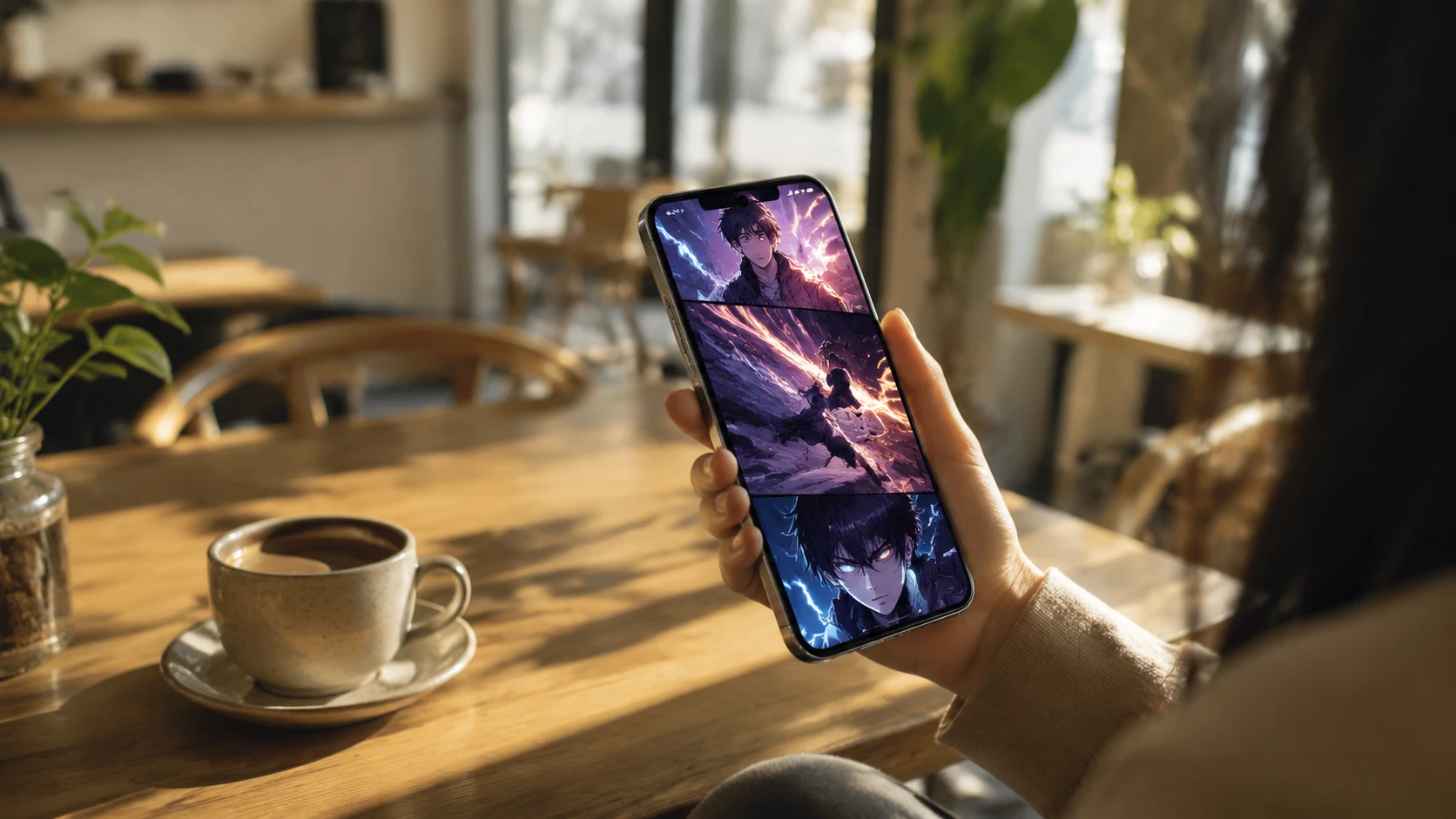 Eine Person liest entspannt einen Webtoon auf einem modernen Smartphone in einem hellen, minimalistischen Café-Szenario.