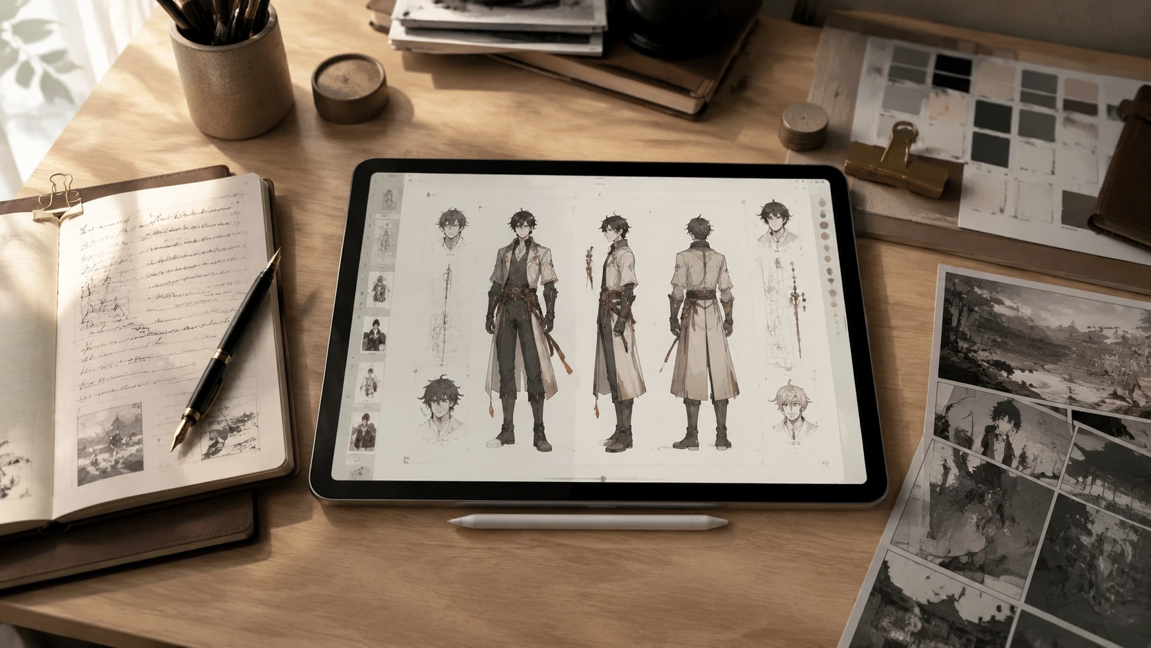 Vue de dessus d'un bureau de créateur organisé avec un storyboard, un stylo plume, une tablette graphique et des notes de script.