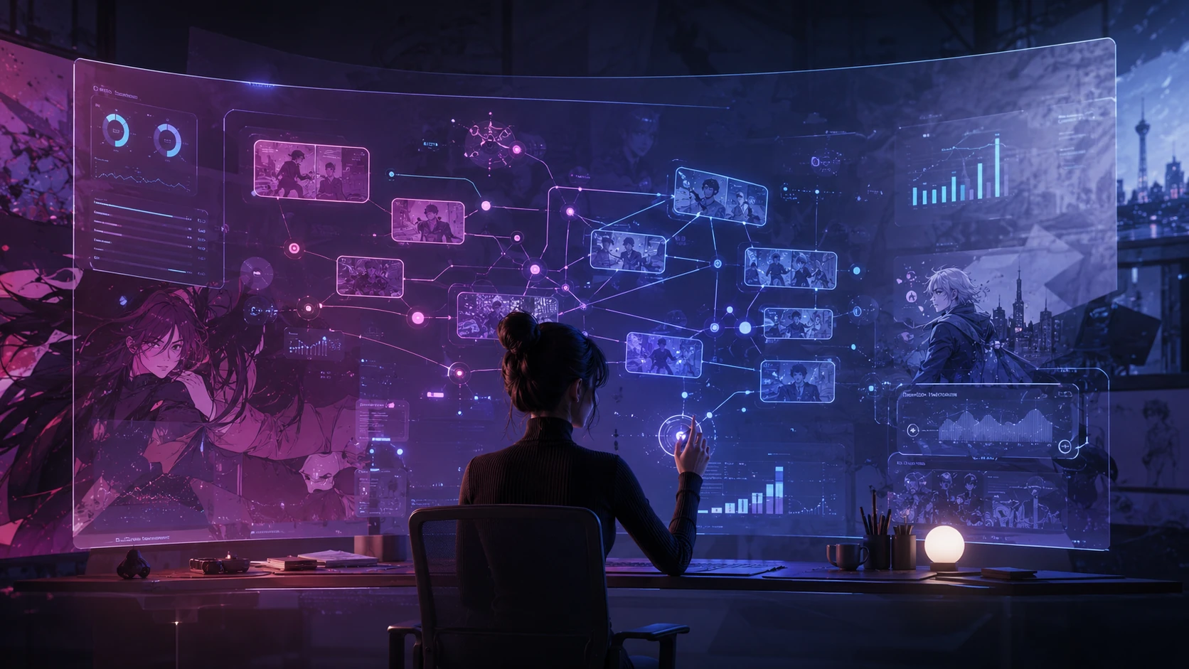 A high-end digital dashboard showing real-time engagement metrics, narrative nodes, and glassmorphism UI elements over a backdrop of stylize