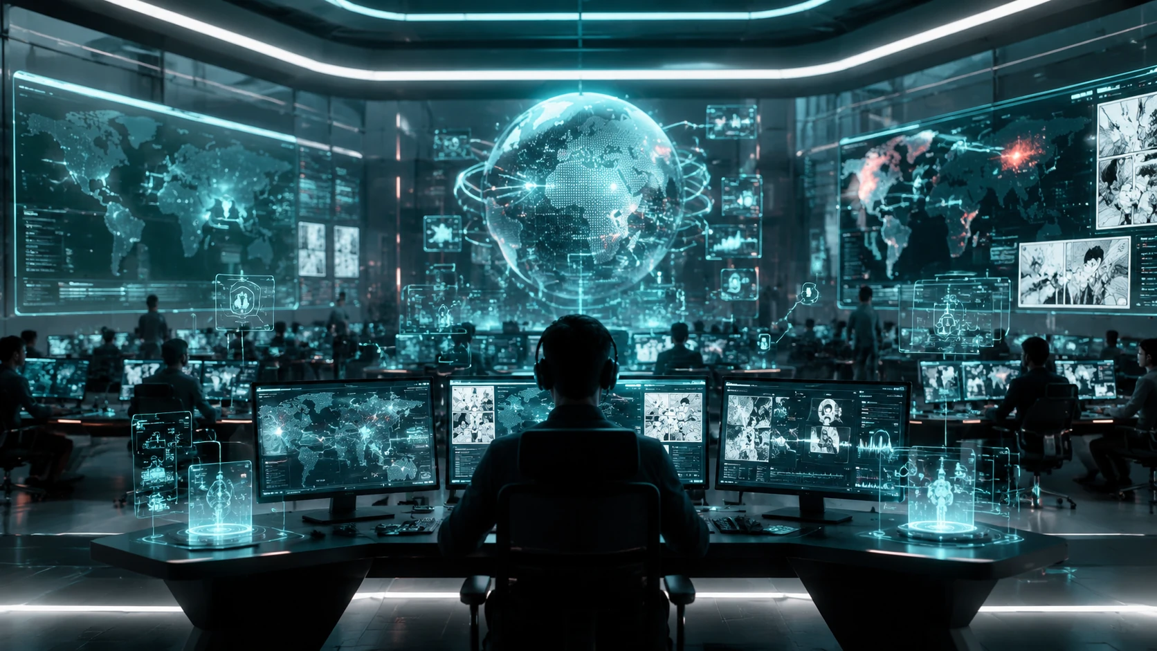 A futuristic digital command center for a manga publishing house showing global heat maps and AI monitoring screens with abstract panel icon