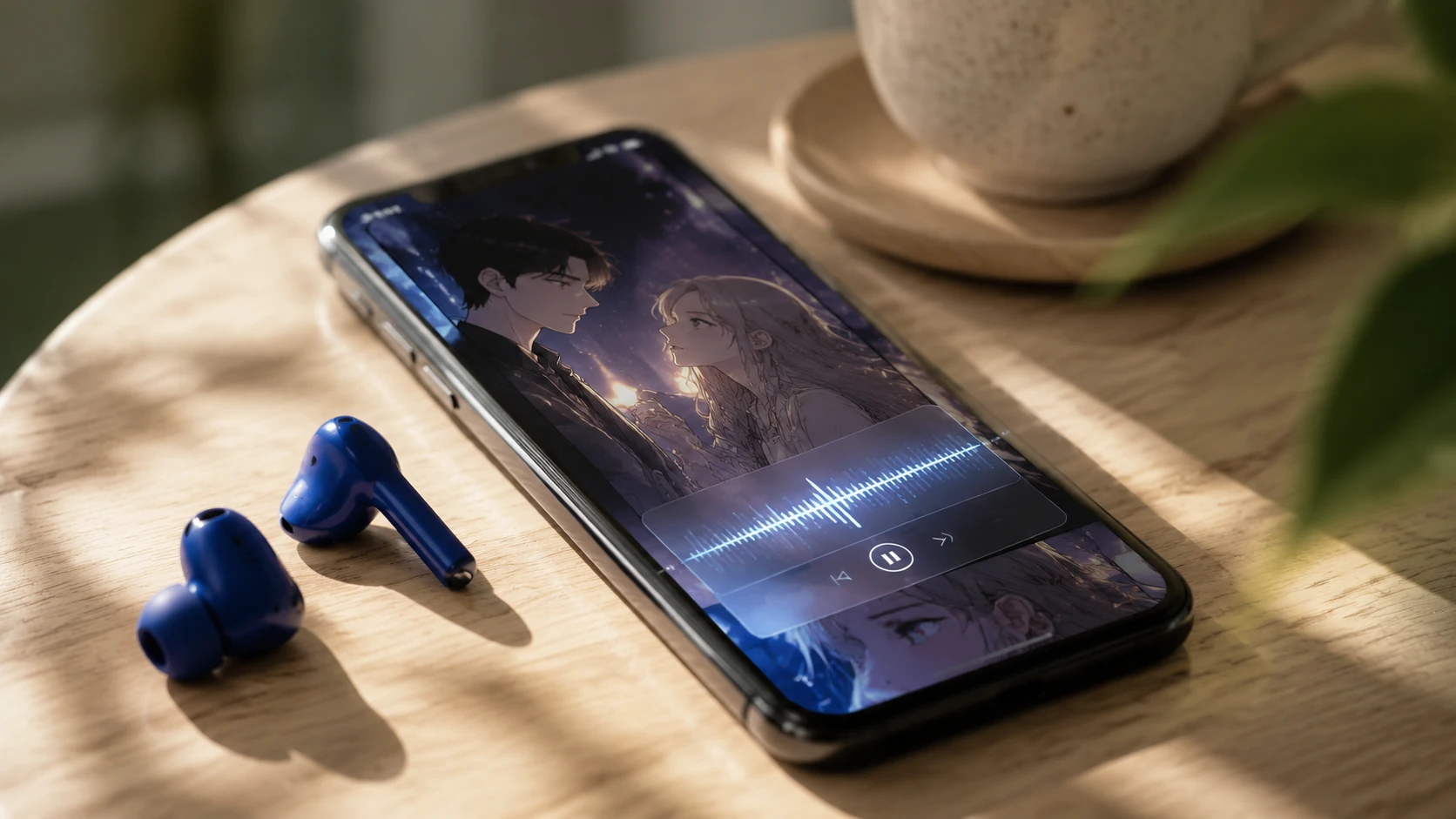A high-end smartphone on a wooden table displaying a webtoon with visible audio-wave overlays and a set of premium wireless earbuds nearby.