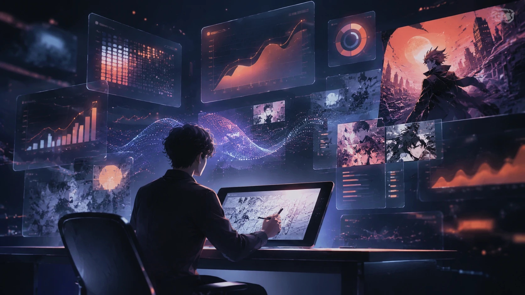 Abstrakte Darstellung eines Webtoon-Marketing-Dashboards mit Heatmaps, Leser-Metriken und stilisierten Comic-Panels im Glassmorphismus-Stil.