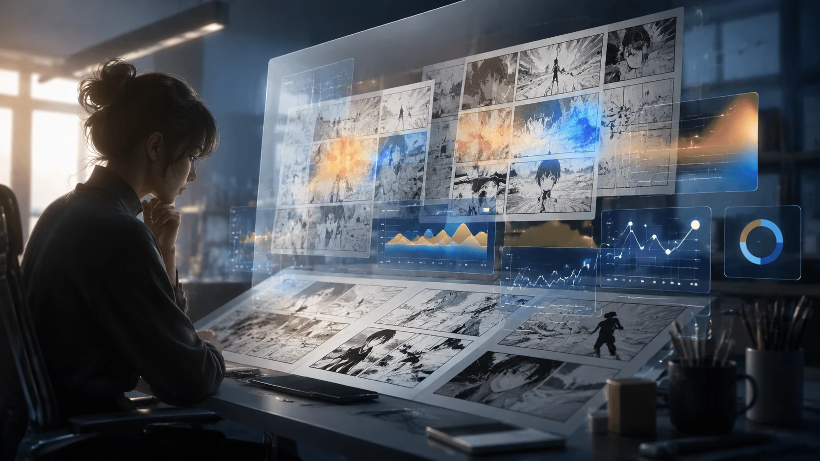 A sophisticated digital dashboard featuring webtoon panels integrated with glowing data visualization layers, heatmaps, and sentiment trend 
