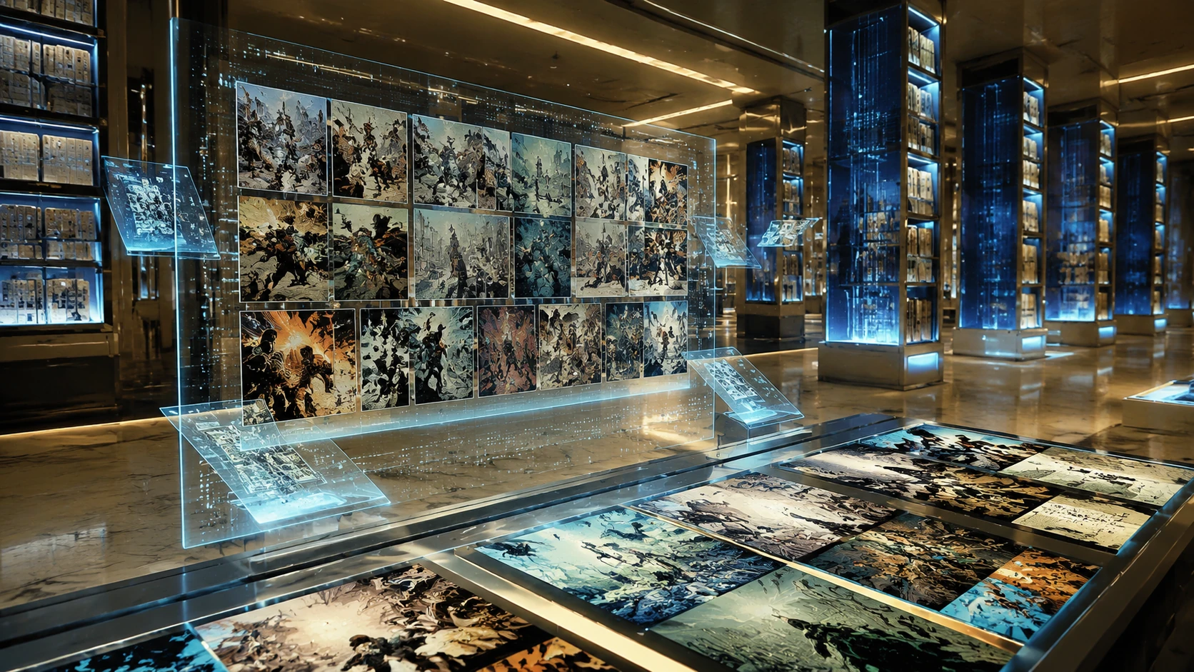 A high-tech digital library interface showing rows of glowing comic panels being scanned and indexed into a futuristic archive system.