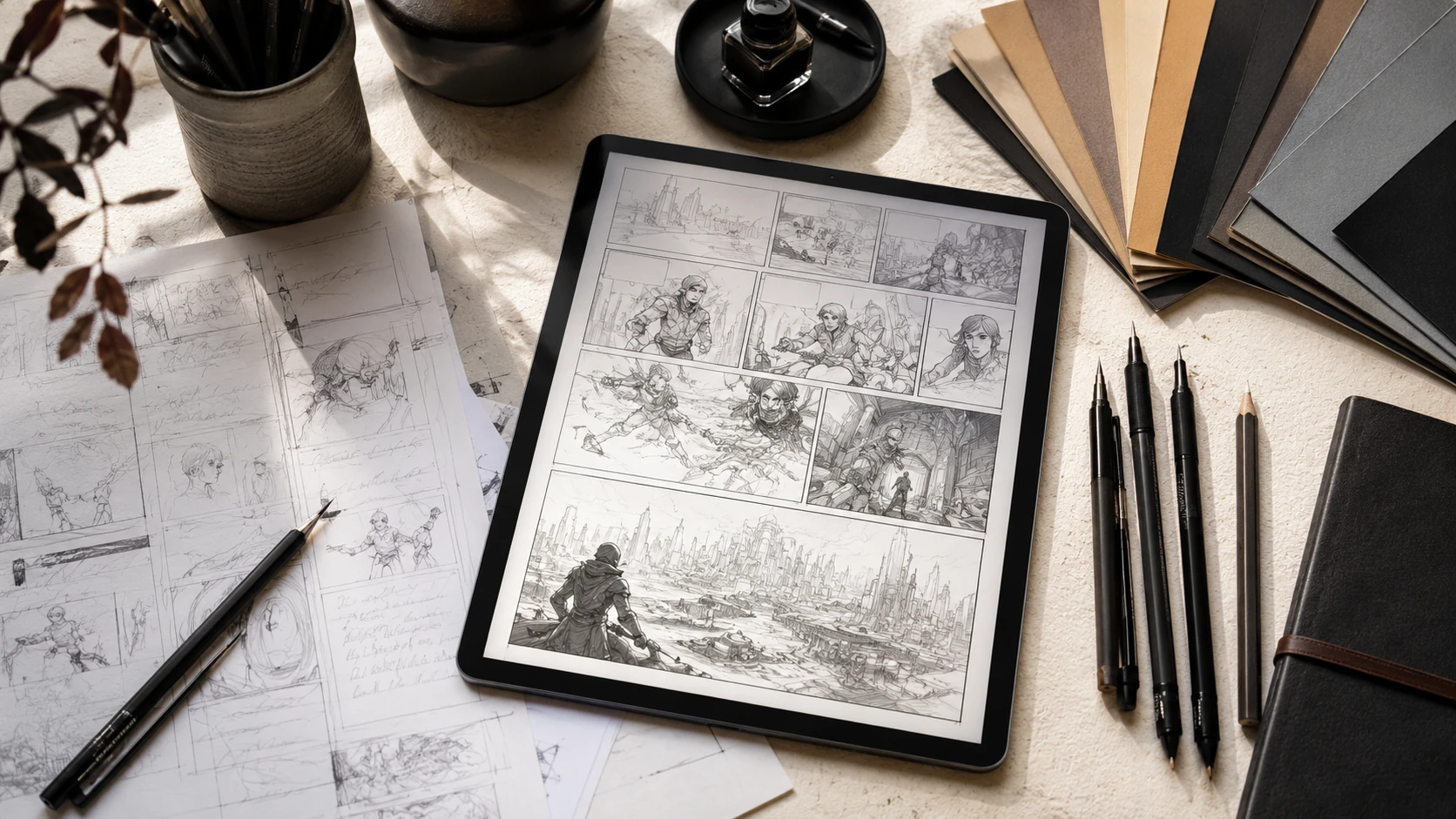 Overhead flat lay of a minimalist comic creator workspace featuring script drafts, a tablet, and physical ink pens.