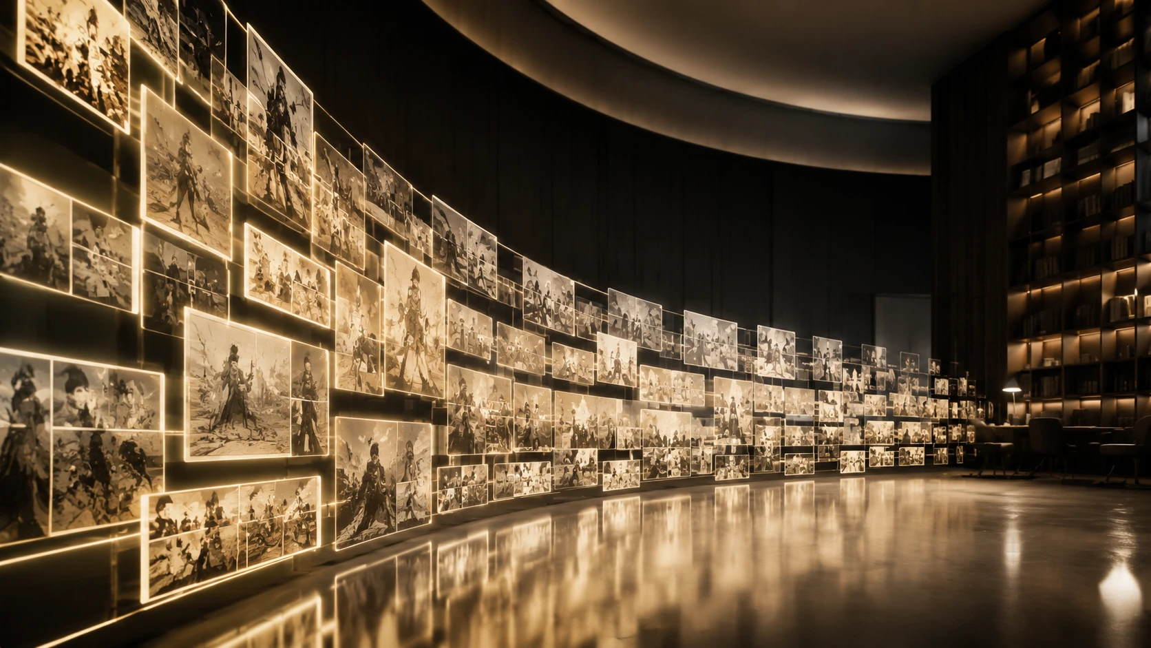 A sophisticated digital library showing an illuminated 3D narrative arc composed of glowing comic panels, symbolizing structured story engin