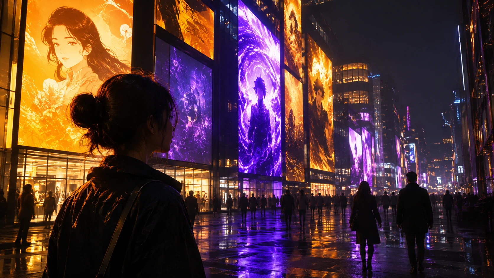 A cinematic city night scene with large abstract billboards glowing with webtoon-style art, reflecting on a wet street with high-end editori