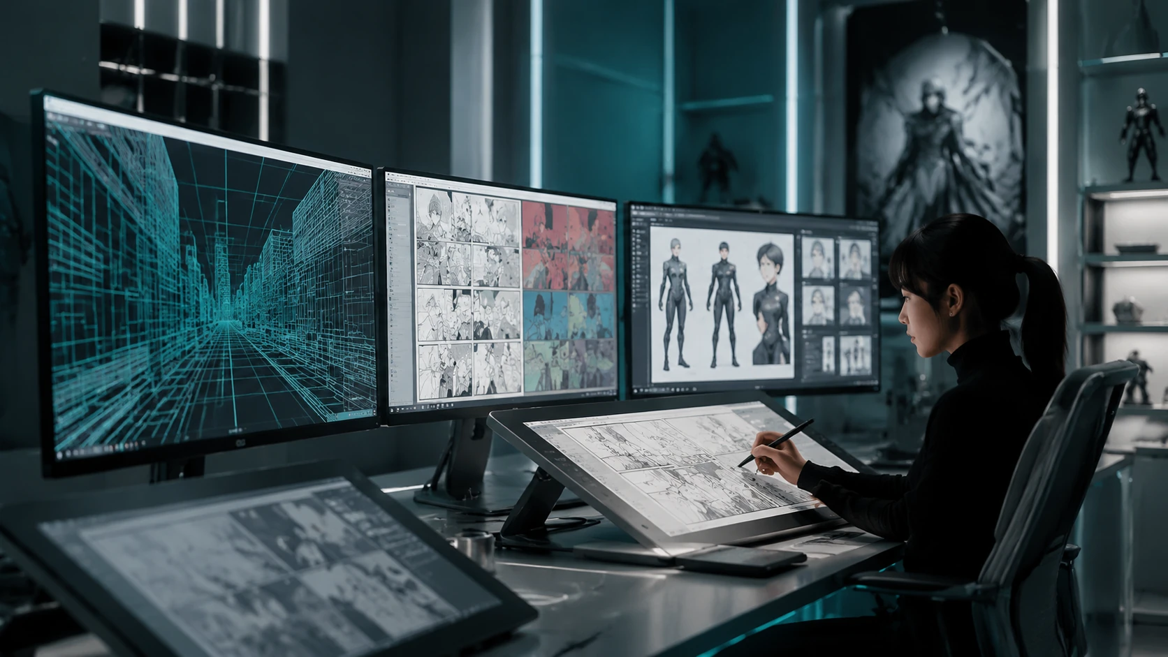 Postazione di lavoro futuristica per la produzione di webtoon con schermi multipli che mostrano modelli 3D, storyboard digitali e interfacce