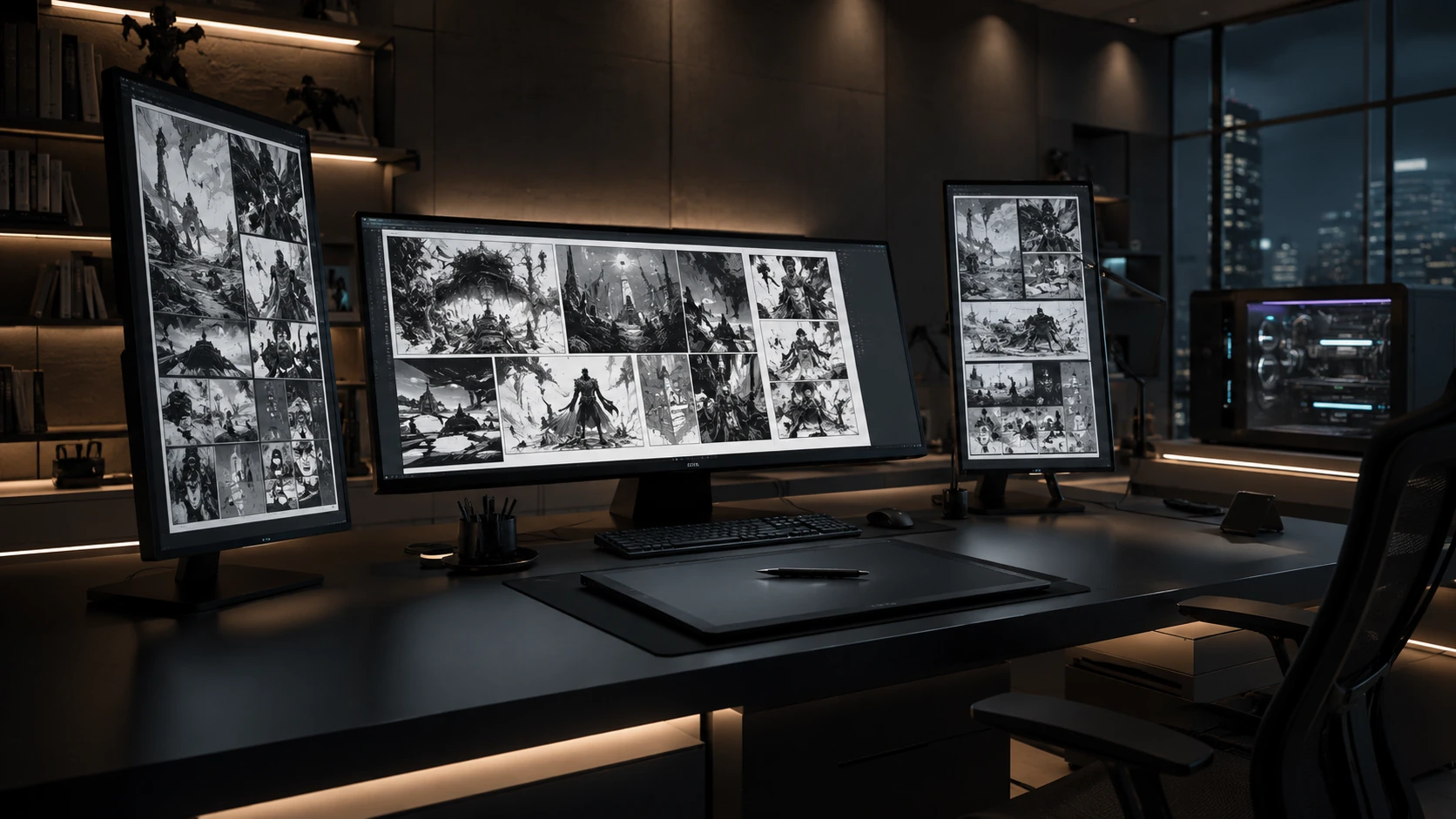 Vista panorâmica de um estúdio de banda desenhada digital moderno com múltiplos ecrãs e mobiliário ergonómico.