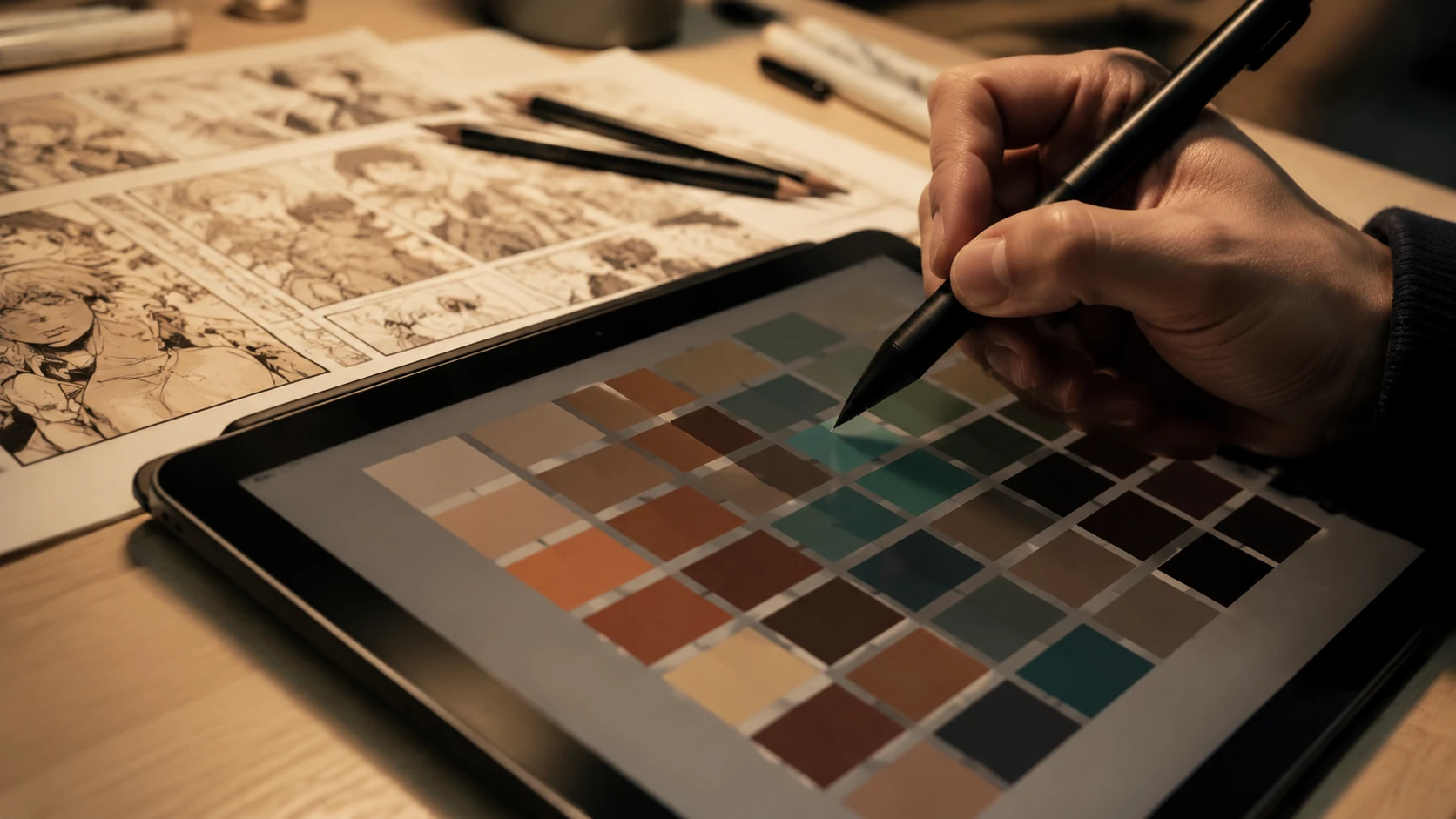 Dettaglio macro di una mano che seleziona campioni di colore su un tablet professionale accanto a pennelli e bozzetti cartacei