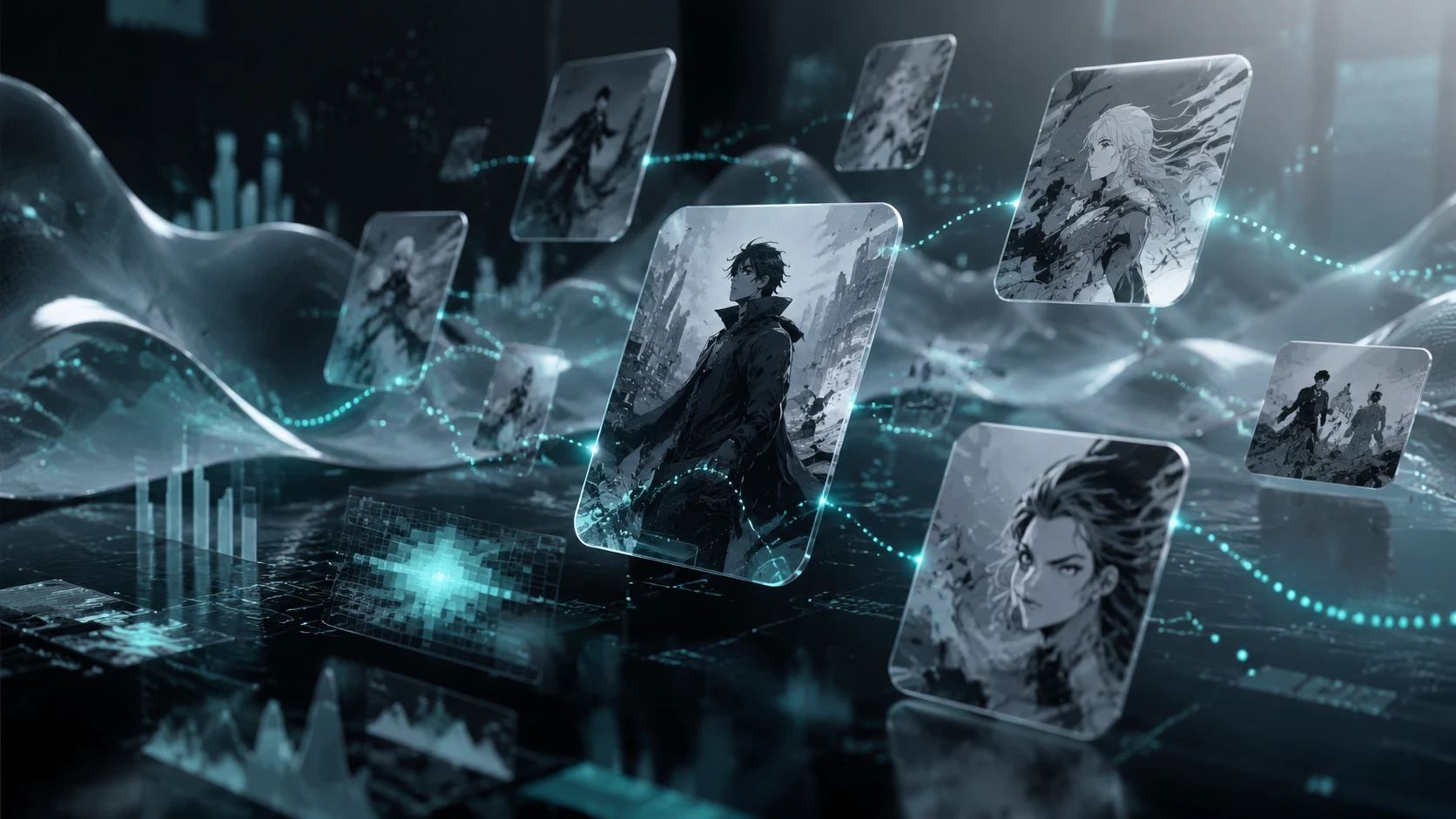 Interface digital abstrata mostrando grafos de conexão entre painéis de banda desenhada e dados analíticos com estética premium
