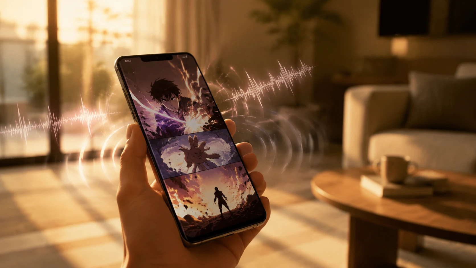 モダンなスマートフォンでWebtoonを読む様子、画面から光や波形が溢れ出し没入感を表現している