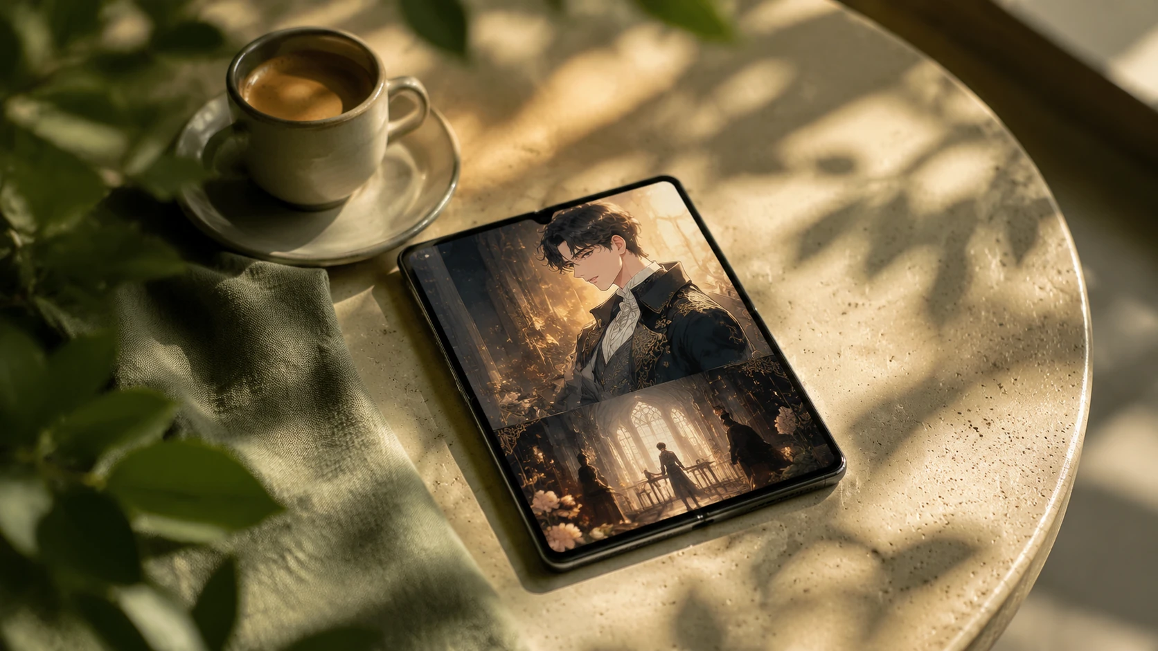 A high-end smartphone on a minimalist cafe table displaying a vibrant webtoon with sophisticated vertical transitions.