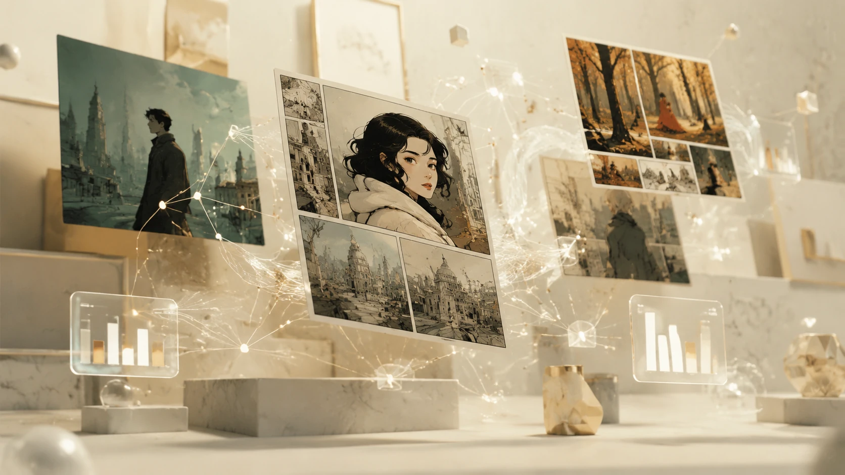 An abstract, high-end visualization of comic panels floating within a digital web of data connections and glassmorphism charts.