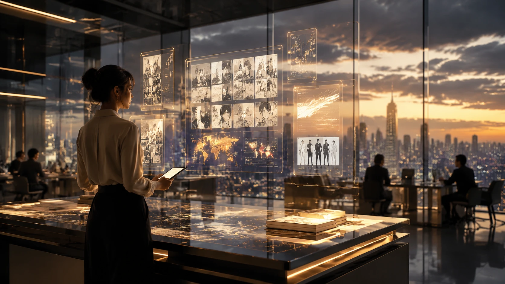 A futuristic digital newsroom focused on global comic industry trends and cultural data visualization.