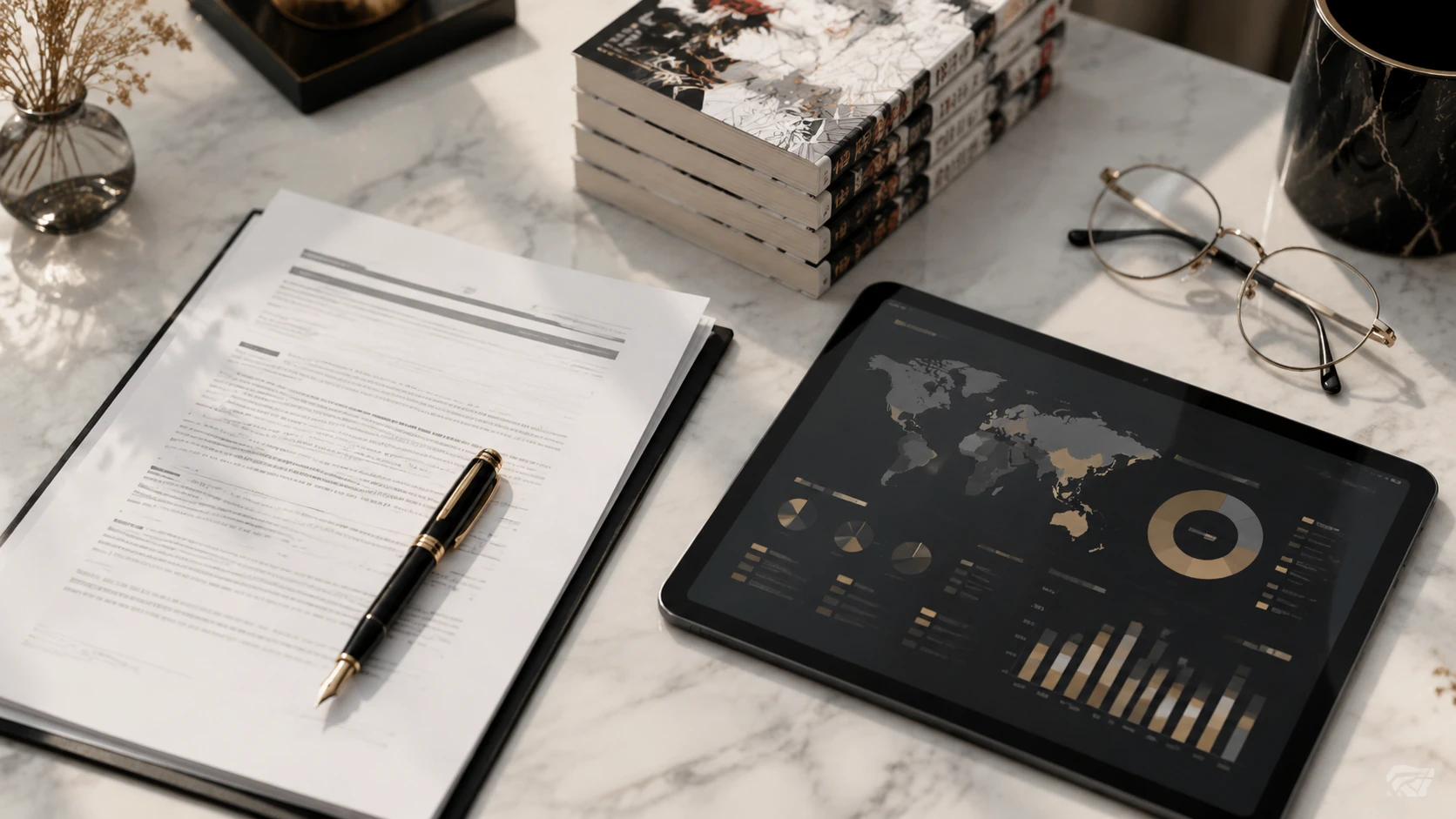 A premium flat lay showing a legal contract document for a comic creator, a high-end fountain pen, and a tablet displaying a rights manageme