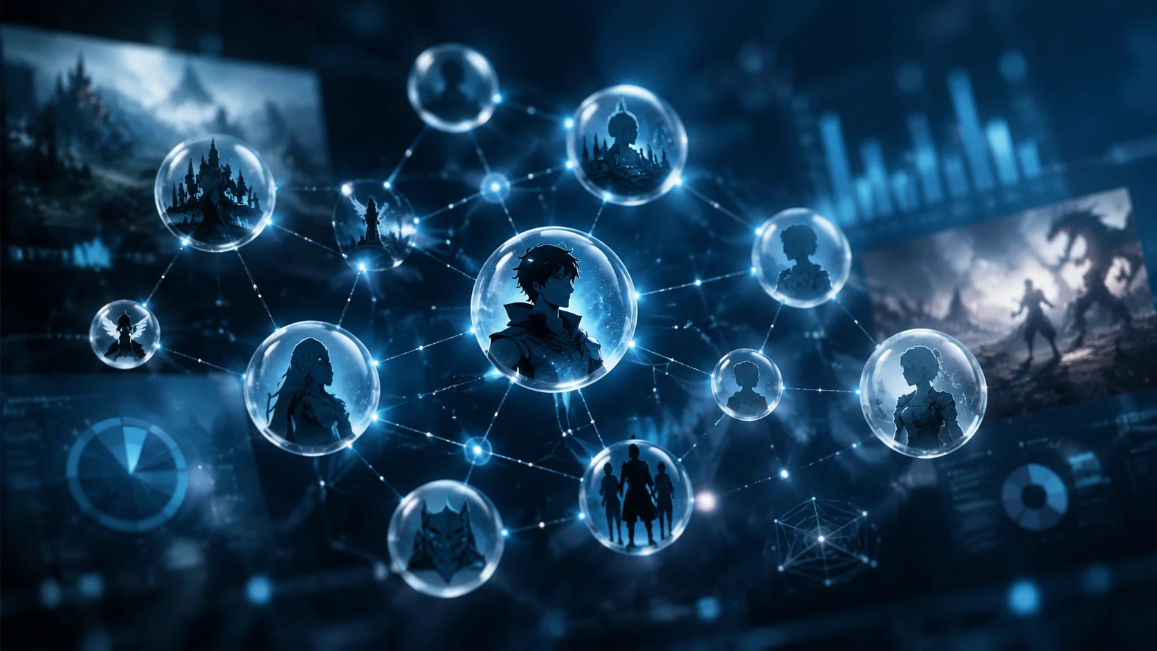 A 3D visualization of a semantic narrative web connecting comic characters, plot points, and themes through glowing nodes and glassmorphism 